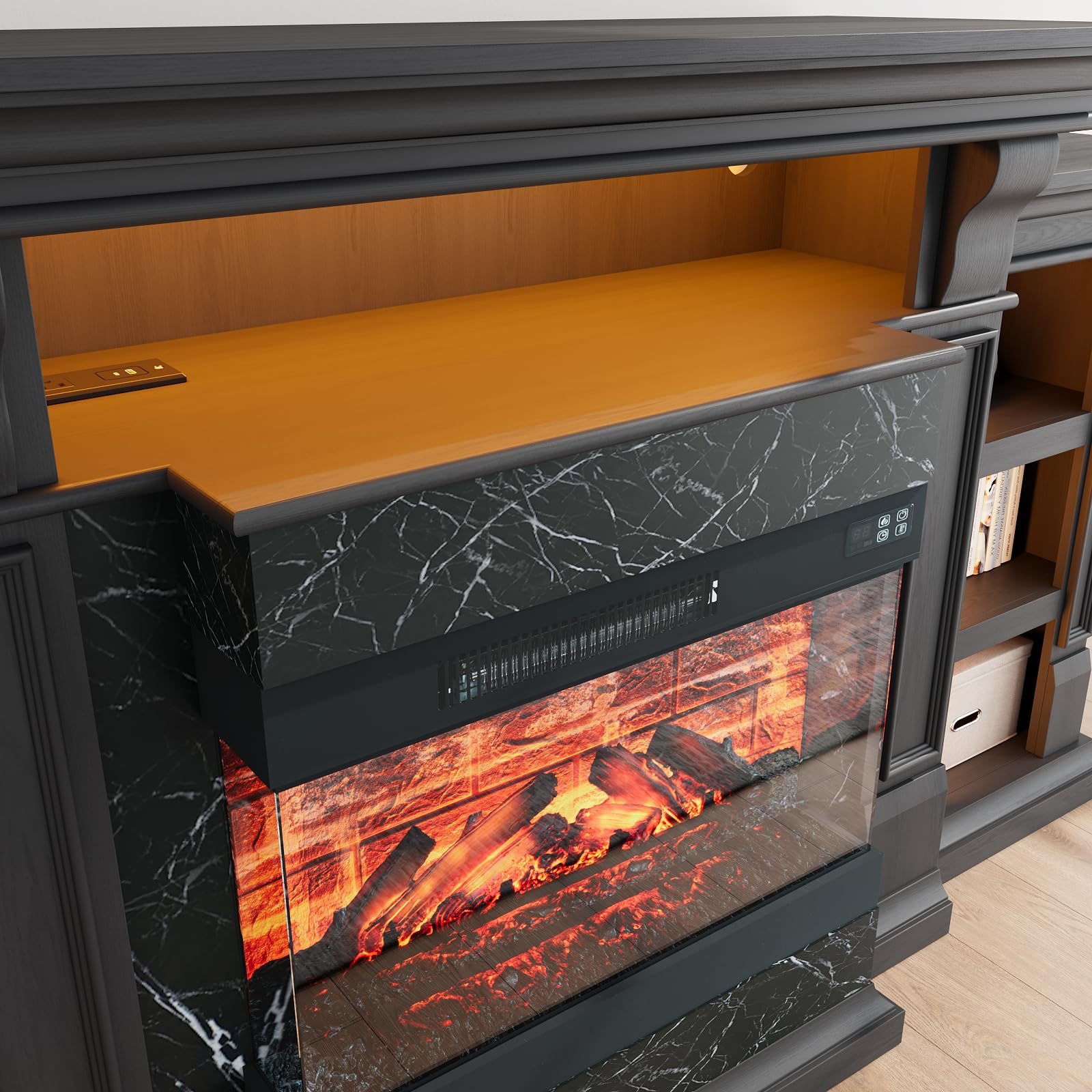 Naice 72" Electric Fireplace with Mantel, Freestanding Fireplace TV Stand with 23" 3-Side Glass Insert Heater for TVs Up to 80",Media Entertainment Center w/Storage Cabinet for Living Room,Black