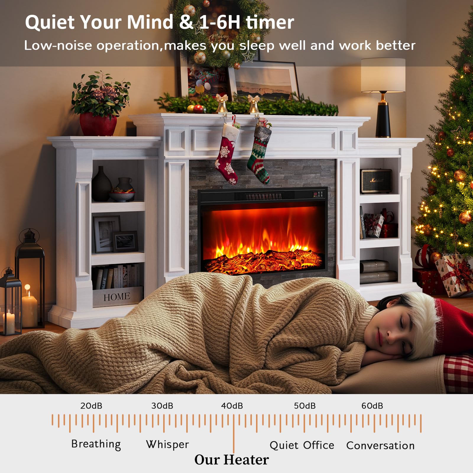 44" Electric Fireplace Mantel, LED Farmhouse TV Stand with Electric Fireplace Heater, Stacked Stone Surround and Remote Control 3D Realistic Flame, White Fireplace for Living Room Bedroom