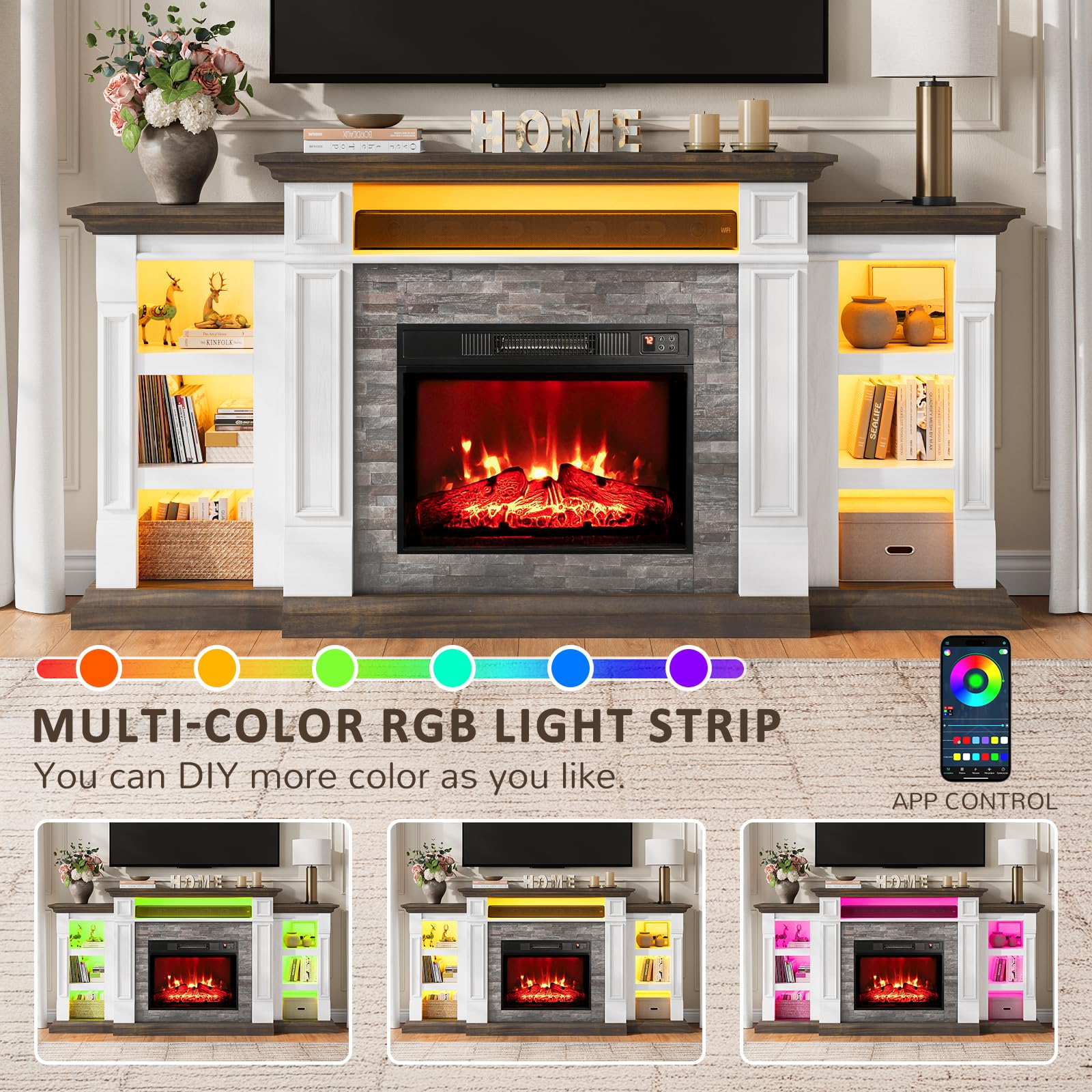 Naice 72" Electric Fireplace with Mantel and Cabinets