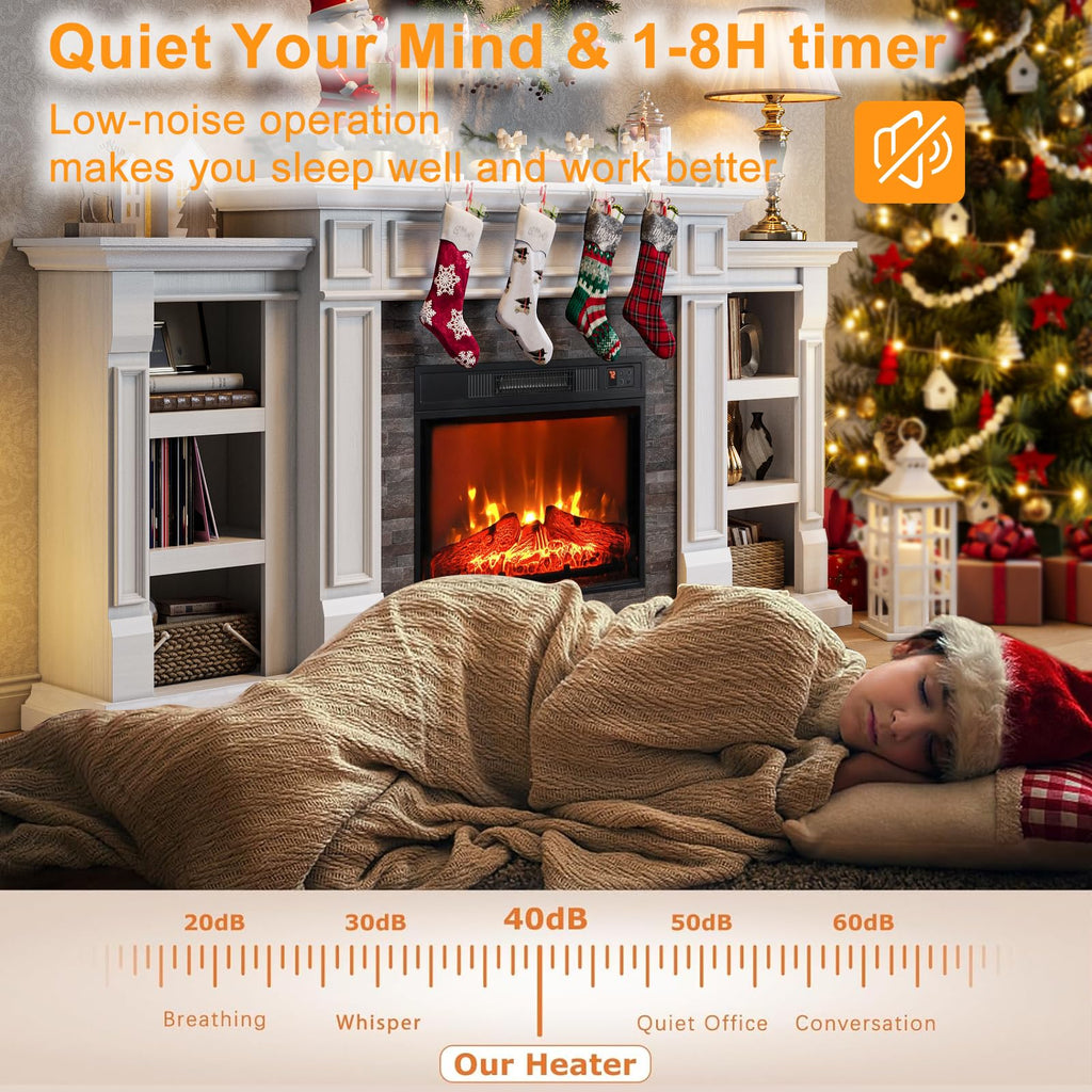 Naice 72" Electric Fireplace with Mantel and Cabinets, Fireplace TV Stand for Living Room Bedroom, Stacked Stone Surround and Remote Control 3D Realistic Flame