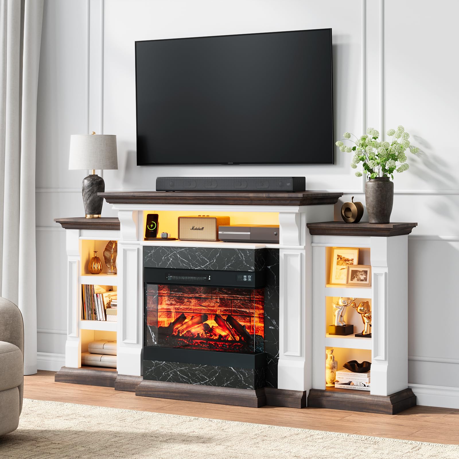 44" Electric Fireplace Mantel, LED Farmhouse TV Stand with Electric Fireplace Heater, Stacked Stone Surround and Remote Control 3D Realistic Flame, White Fireplace for Living Room Bedroom