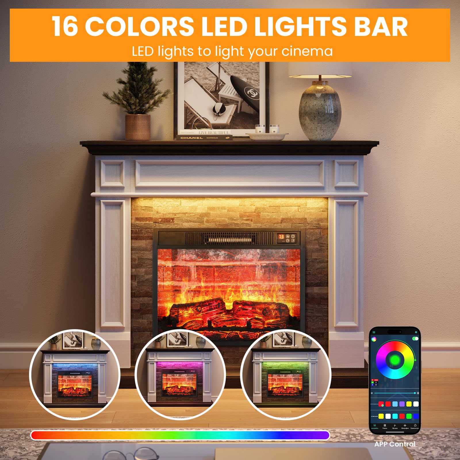 44" Electric Fireplace Mantel, LED Farmhouse TV Stand with Electric Fireplace Heater, Stacked Stone Surround and Remote Control 3D Realistic Flame, White Fireplace for Living Room Bedroom