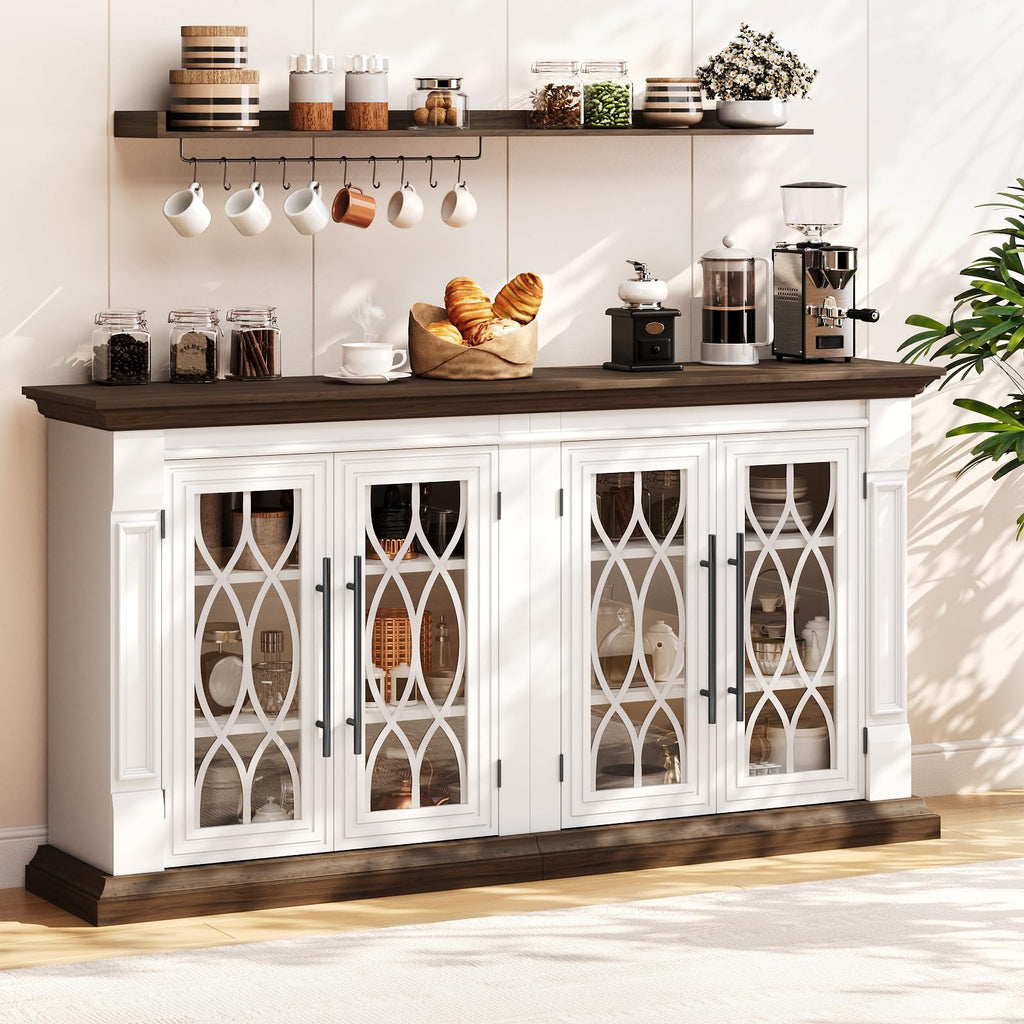 Naice Large Buffet Cabinet with Storage, 60" Sideboard Cabinets with 4 Tempered Glass Doors, Modern Farmhouse Coffee Bar Cabinet, Kitchen Buffet Table with Adjustable Shelf for Living Dining Room