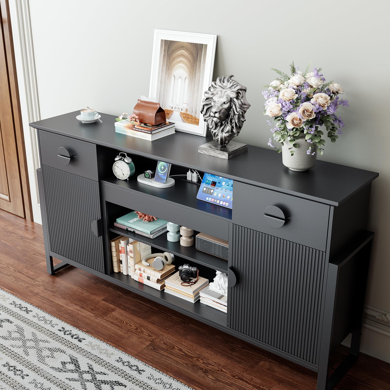 Naice TV Stand for 80 Inch TVs, LED Entertainment Center with Power Outlet, Farmhouse TV Stand w/Drawers & Sliding Barn Door, Media Console with Storage Cabinets for Living Room, White&Brown