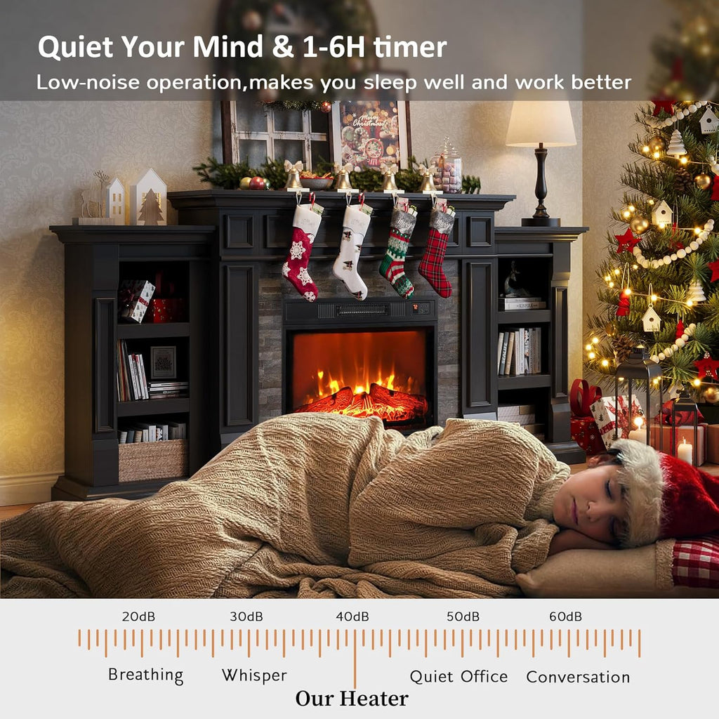 Naice 72" Electric Fireplace with Mantel and Cabinets, Fireplace TV Stand for Living Room Bedroom, Stacked Stone Surround and Remote Control 3D Realistic Flame, Black