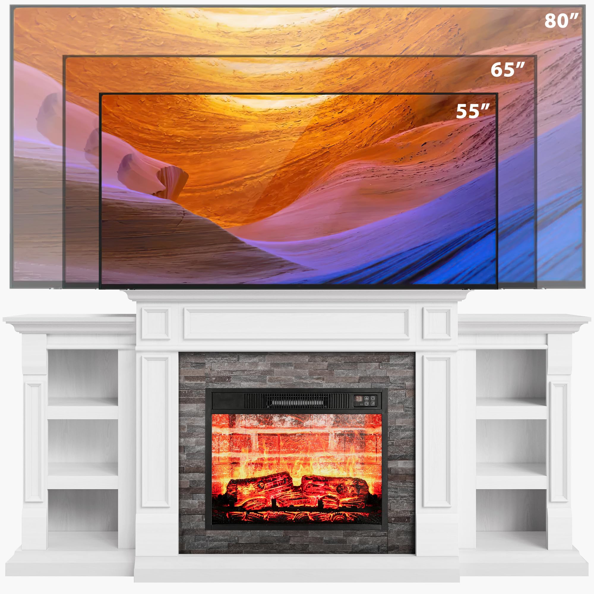 Naice 72" Electric Fireplace with Mantel and Cabinets, Fireplace TV Stand for Living Room Bedroom, Stacked Stone Surround and Remote Control 3D Realistic Flame, Black