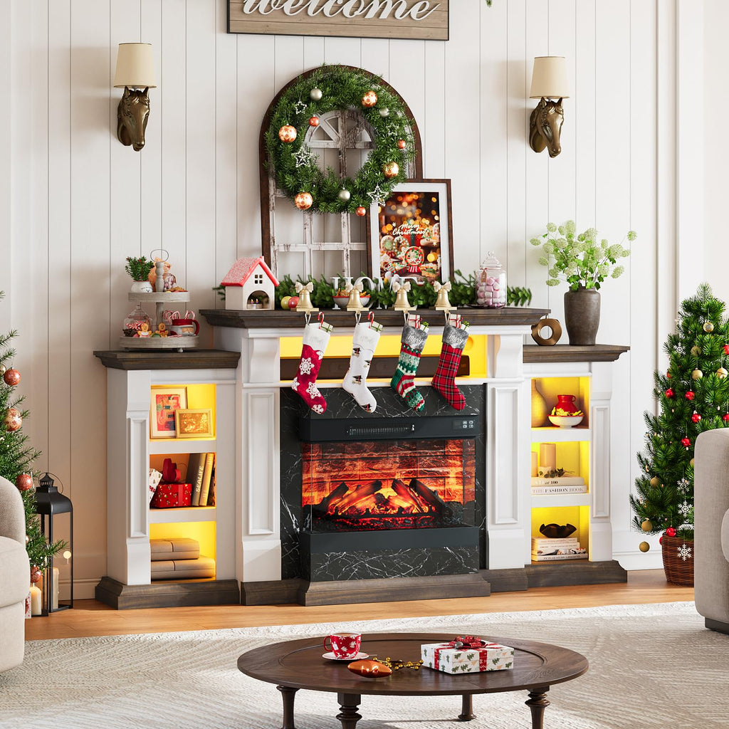 44" Electric Fireplace Mantel, LED Farmhouse TV Stand with Electric Fireplace Heater, Stacked Stone Surround and Remote Control 3D Realistic Flame, White Fireplace for Living Room Bedroom