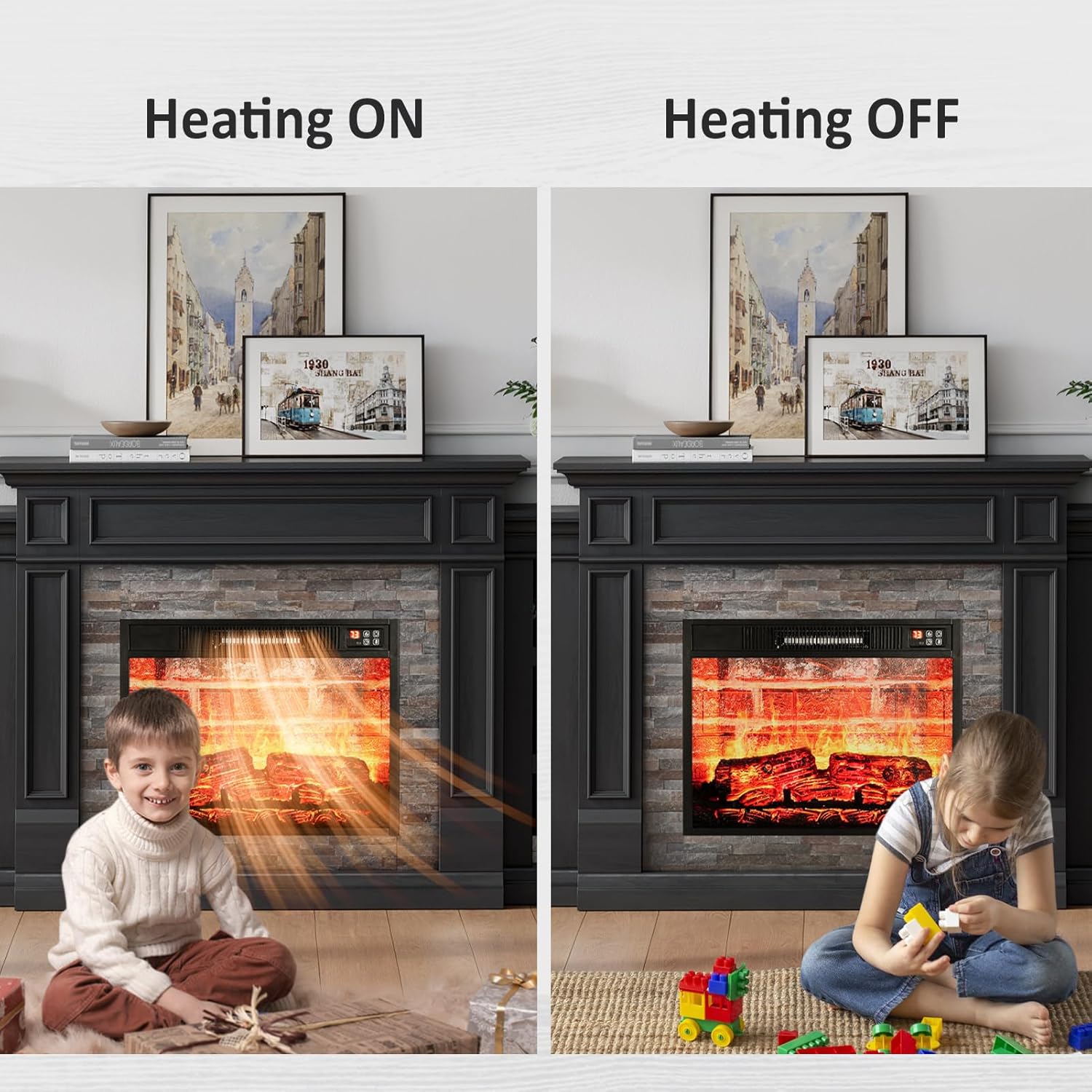 Naice 72" Electric Fireplace with Mantel and Cabinets, Fireplace TV Stand for Living Room Bedroom, Stacked Stone Surround and Remote Control 3D Realistic Flame