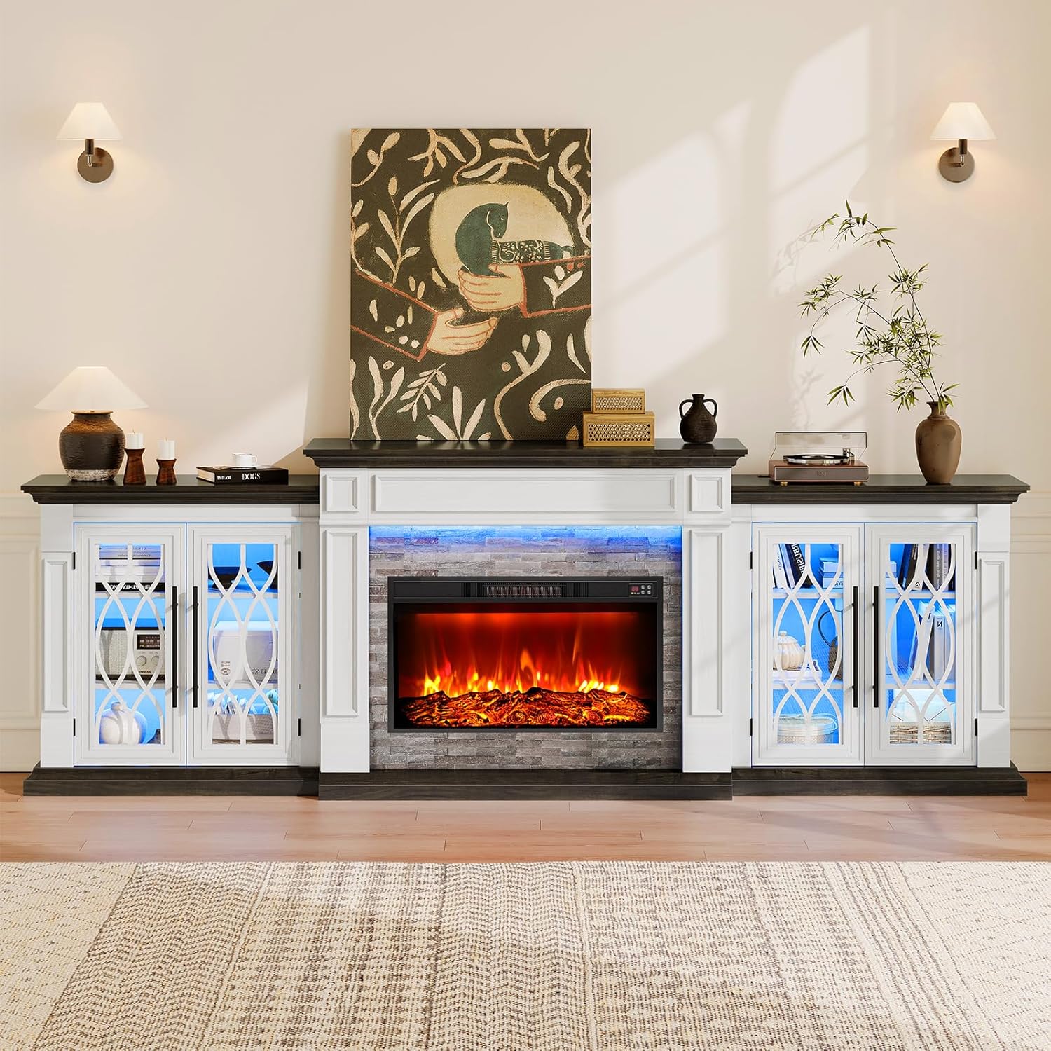 Naice 72" Electric Fireplace with Mantel and Cabinets, Fireplace TV Stand for Living Room Bedroom, Stacked Stone Surround and Remote Control 3D Realistic Flame, Black