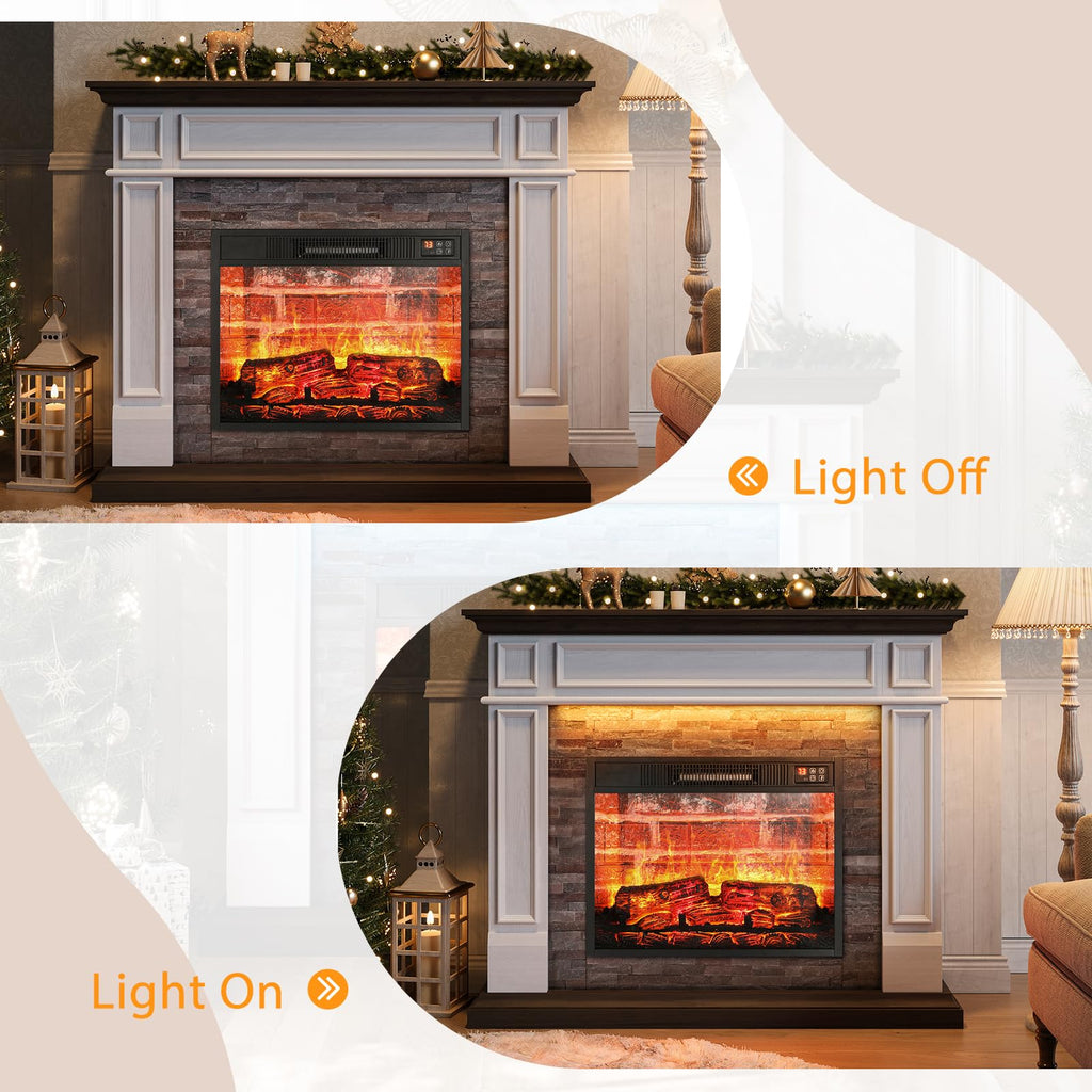 44" Electric Fireplace Mantel, LED Farmhouse TV Stand with Electric Fireplace Heater, Stacked Stone Surround and Remote Control 3D Realistic Flame, White Fireplace for Living Room Bedroom