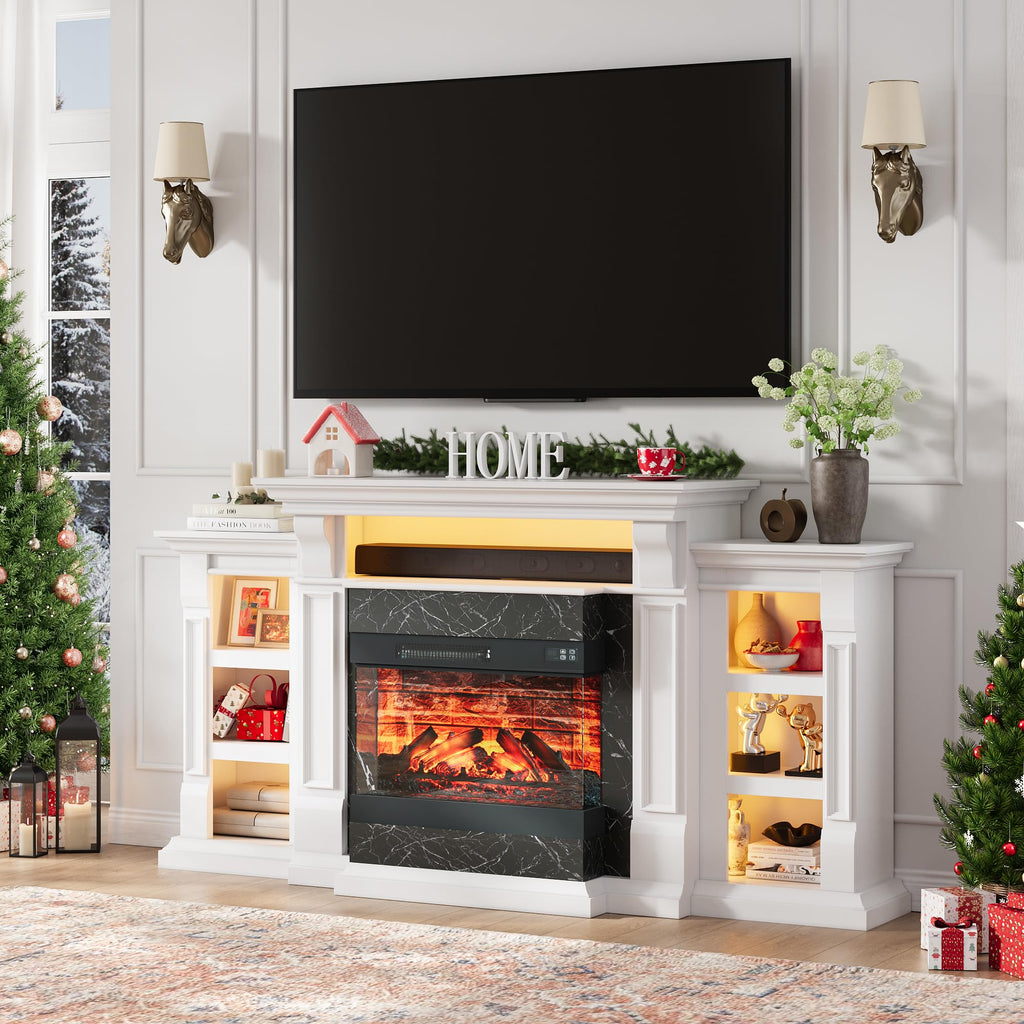 Naice 72" Electric Fireplace with Mantel, Freestanding Fireplace TV Stand with 23" 3-Side Glass Insert Heater for TVs Up to 80",Media Entertainment Center w/Storage Cabinet for Living Room,Black