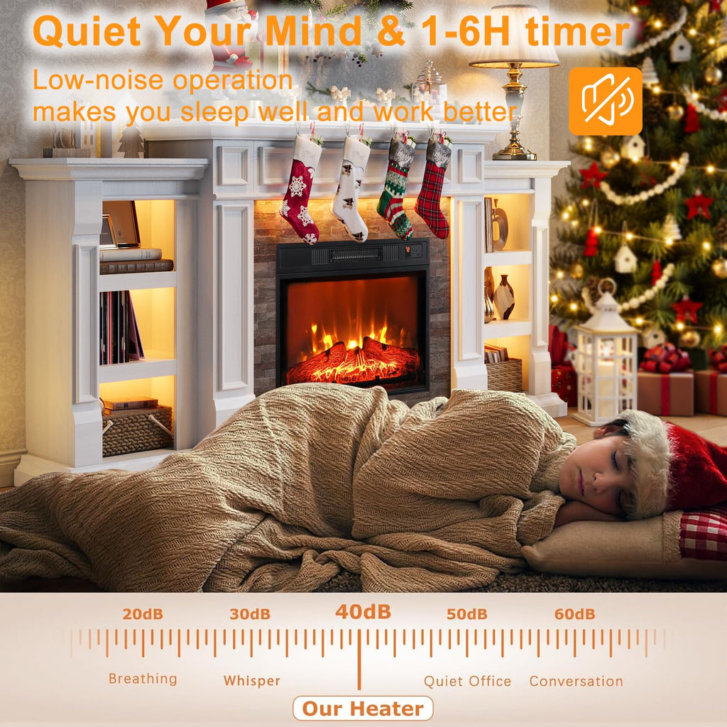 44" Electric Fireplace Mantel, LED Farmhouse TV Stand with Electric Fireplace Heater, Stacked Stone Surround and Remote Control 3D Realistic Flame, White Fireplace for Living Room Bedroom