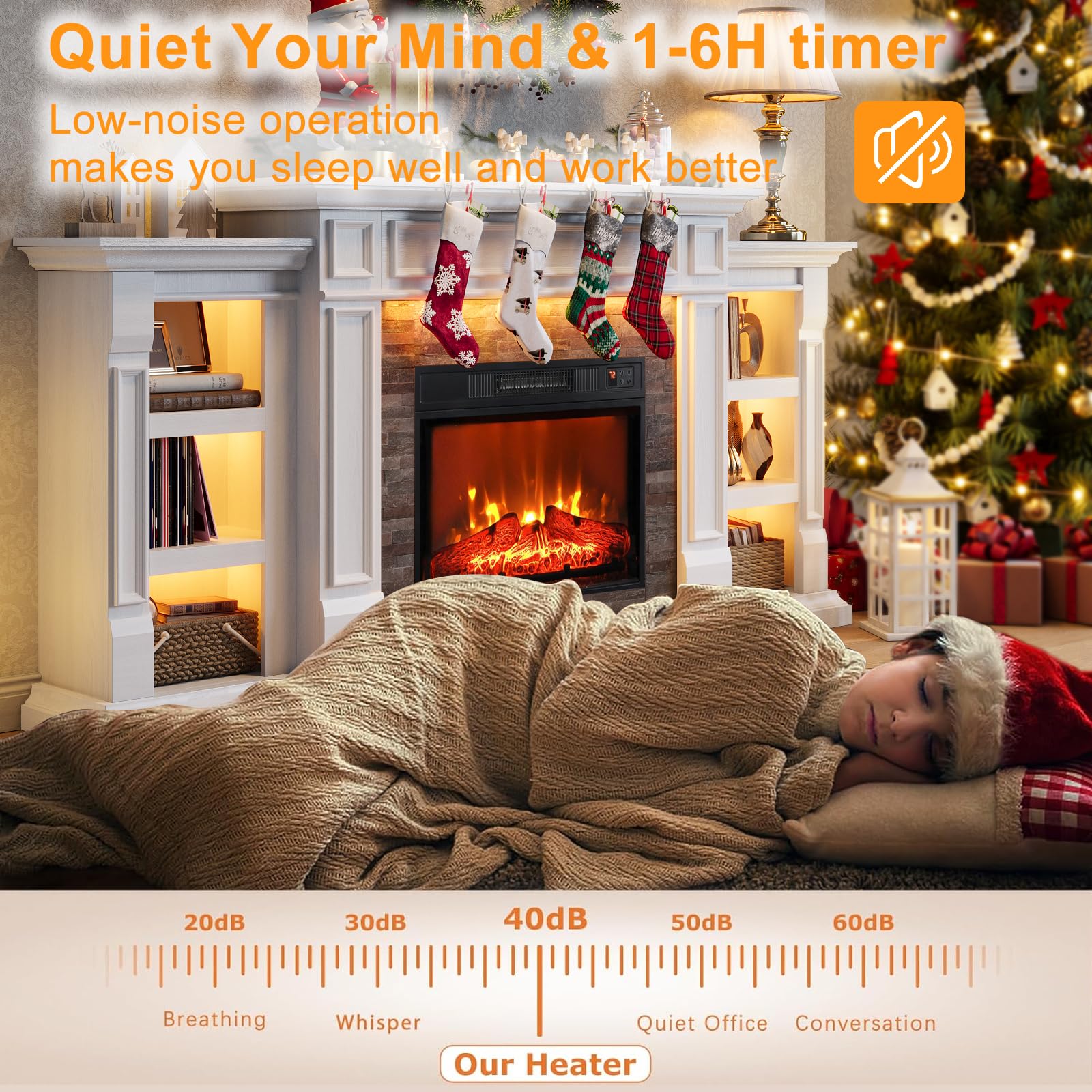 44" Electric Fireplace Mantel, LED Farmhouse TV Stand with Electric Fireplace Heater, Stacked Stone Surround and Remote Control 3D Realistic Flame, White Fireplace for Living Room Bedroom