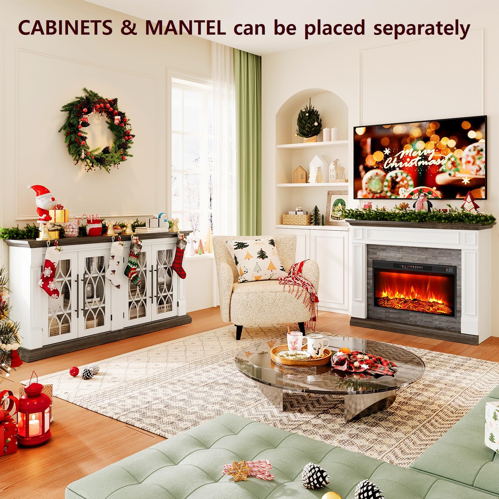 Naice 72" Electric Fireplace with Mantel and Cabinets