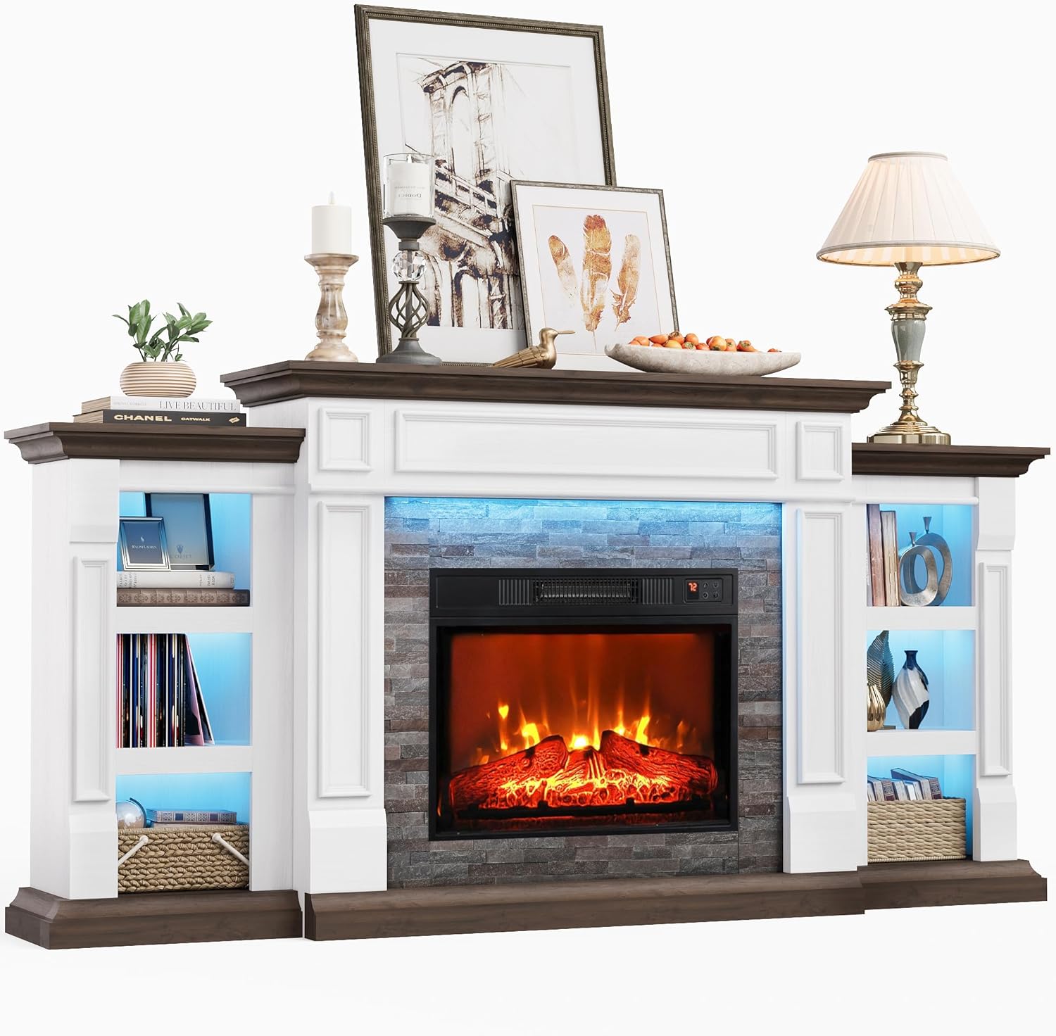 Naice 72" Electric Fireplace with Mantel and Cabinets