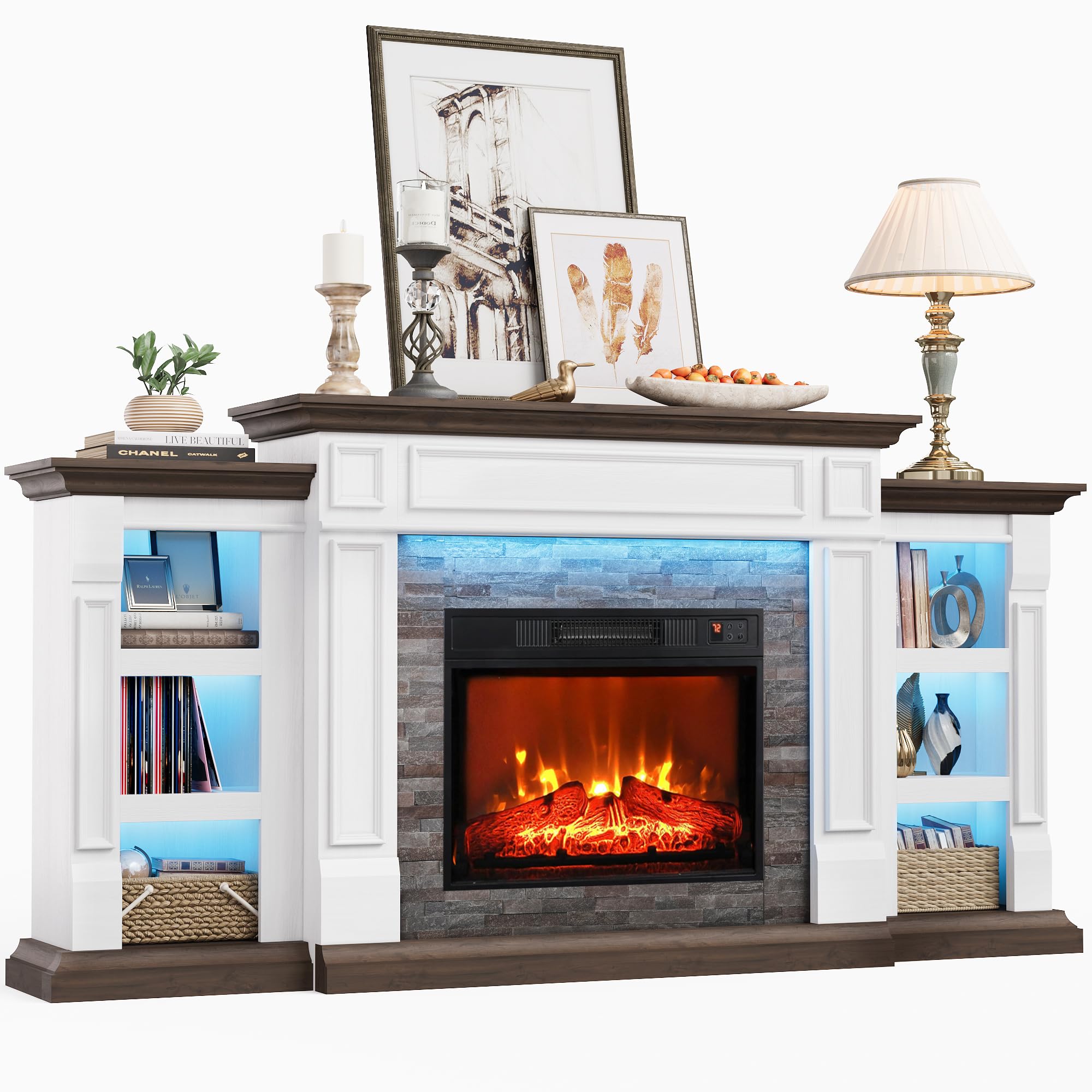 Naice 80" Electric Fireplace with Mantel, Fireplace TV Stand for TVs Up to 90in, Farmhouse Entertainment Center with Storage Cabinets, 23" Insert Heater w/Realistic Flame for Living Room, White
