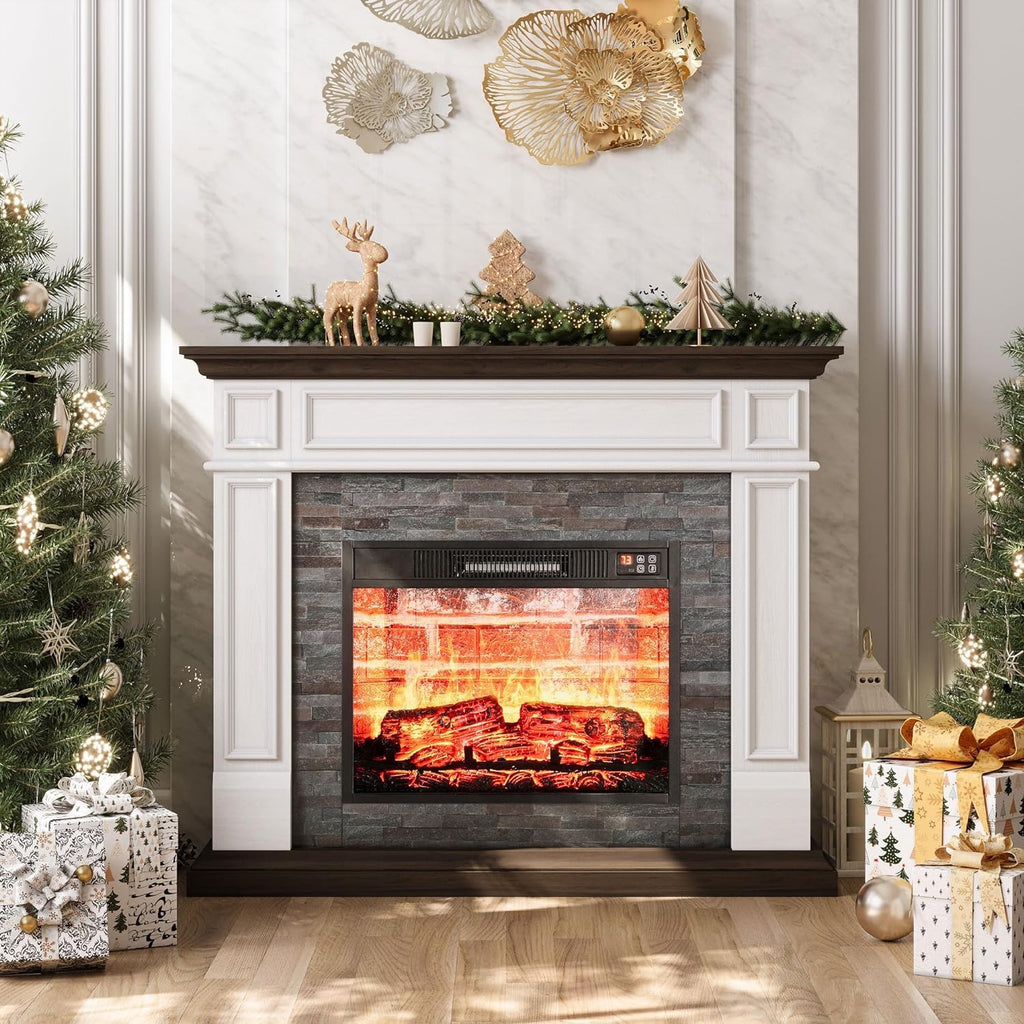 44" Electric Fireplace Mantel, LED Farmhouse TV Stand with Electric Fireplace Heater, Stacked Stone Surround and Remote Control 3D Realistic Flame, White Fireplace for Living Room Bedroom