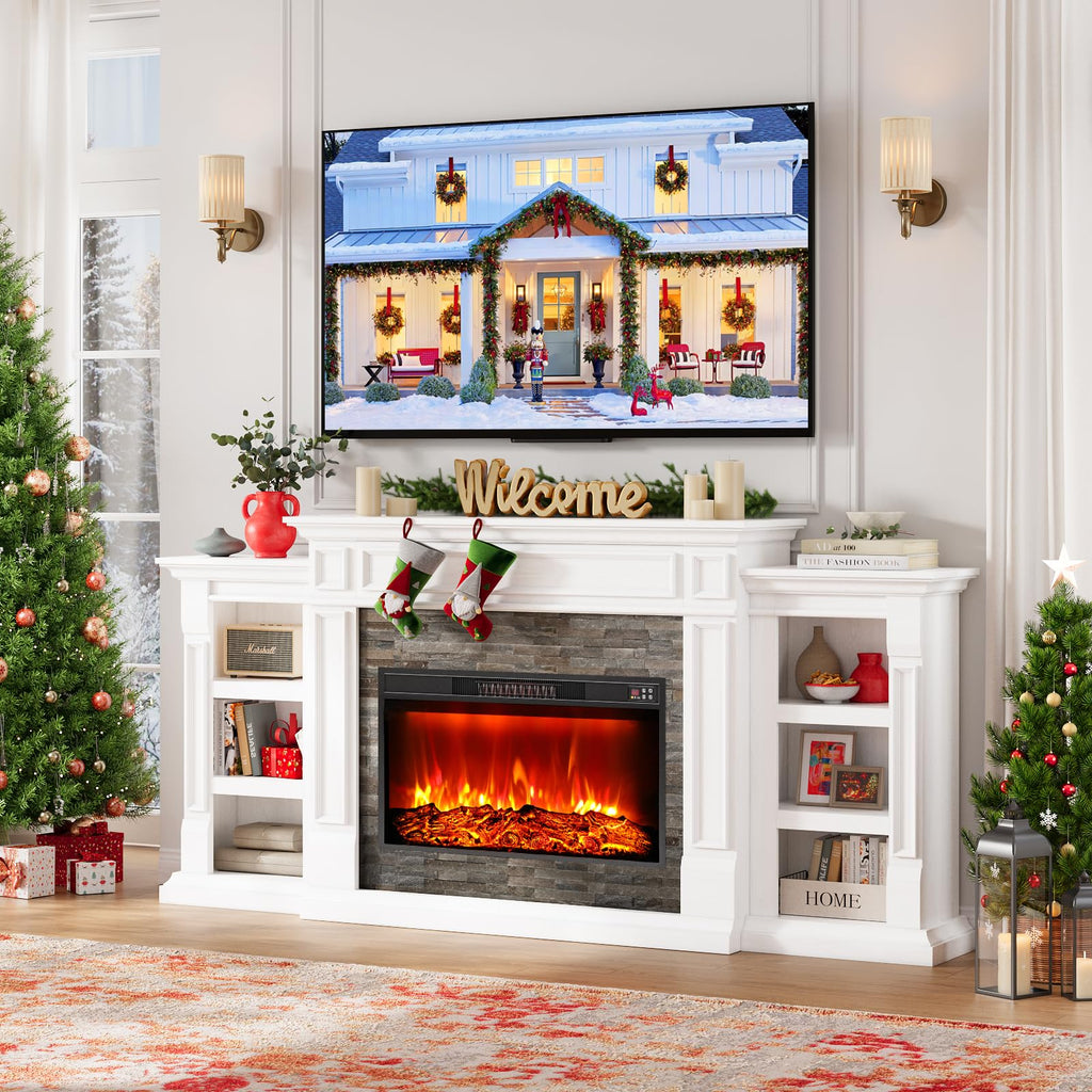 Naice 72" Electric Fireplace with Mantel and Cabinets, Fireplace TV Stand for Living Room Bedroom, Stacked Stone Surround and Remote Control 3D Realistic Flame