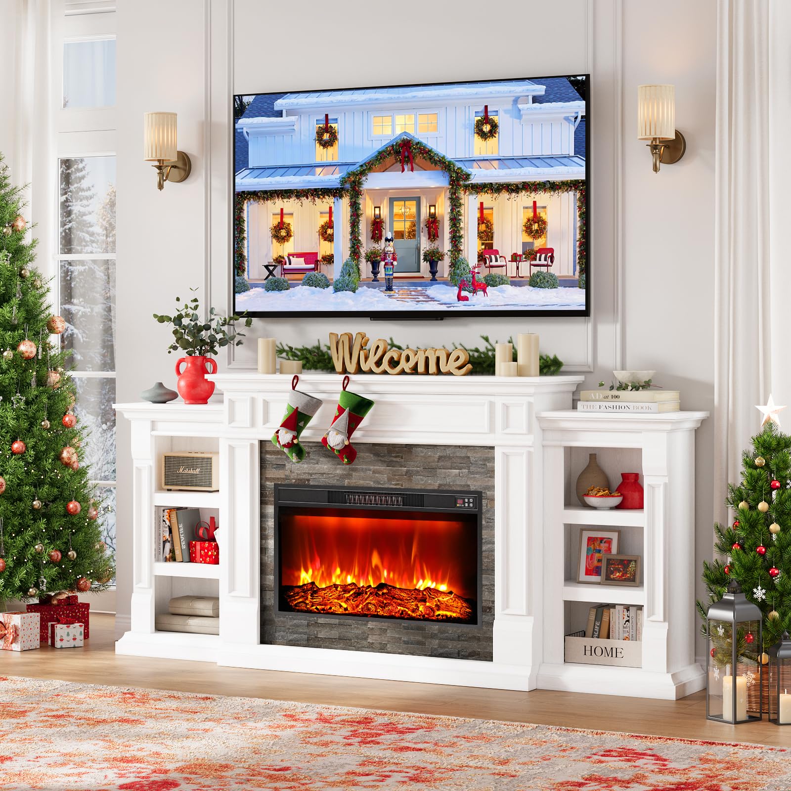 Naice 72" Electric Fireplace with Mantel and Cabinets, Fireplace TV Stand for Living Room Bedroom, Stacked Stone Surround and Remote Control 3D Realistic Flame