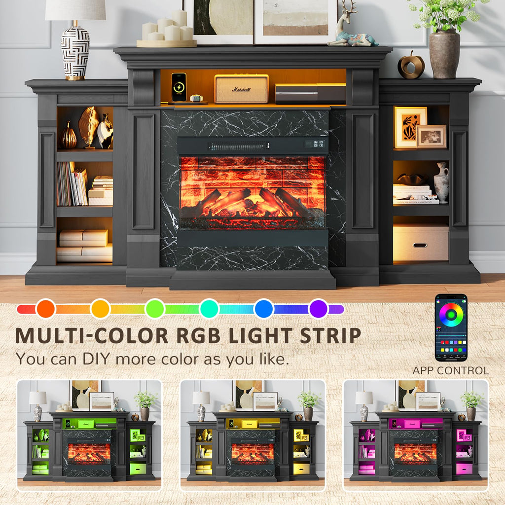 Naice 72" Electric Fireplace with Mantel, Freestanding Fireplace TV Stand with 23" 3-Side Glass Insert Heater for TVs Up to 80",Media Entertainment Center w/Storage Cabinet for Living Room,Black