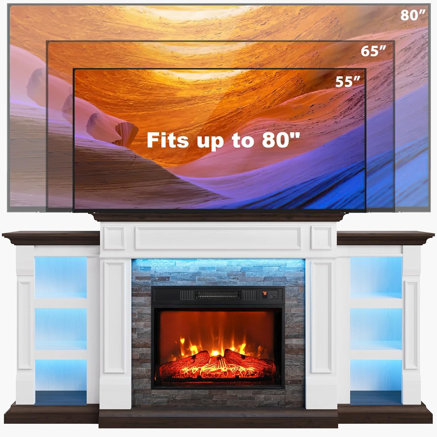 Naice 72" Electric Fireplace with Mantel and Cabinets