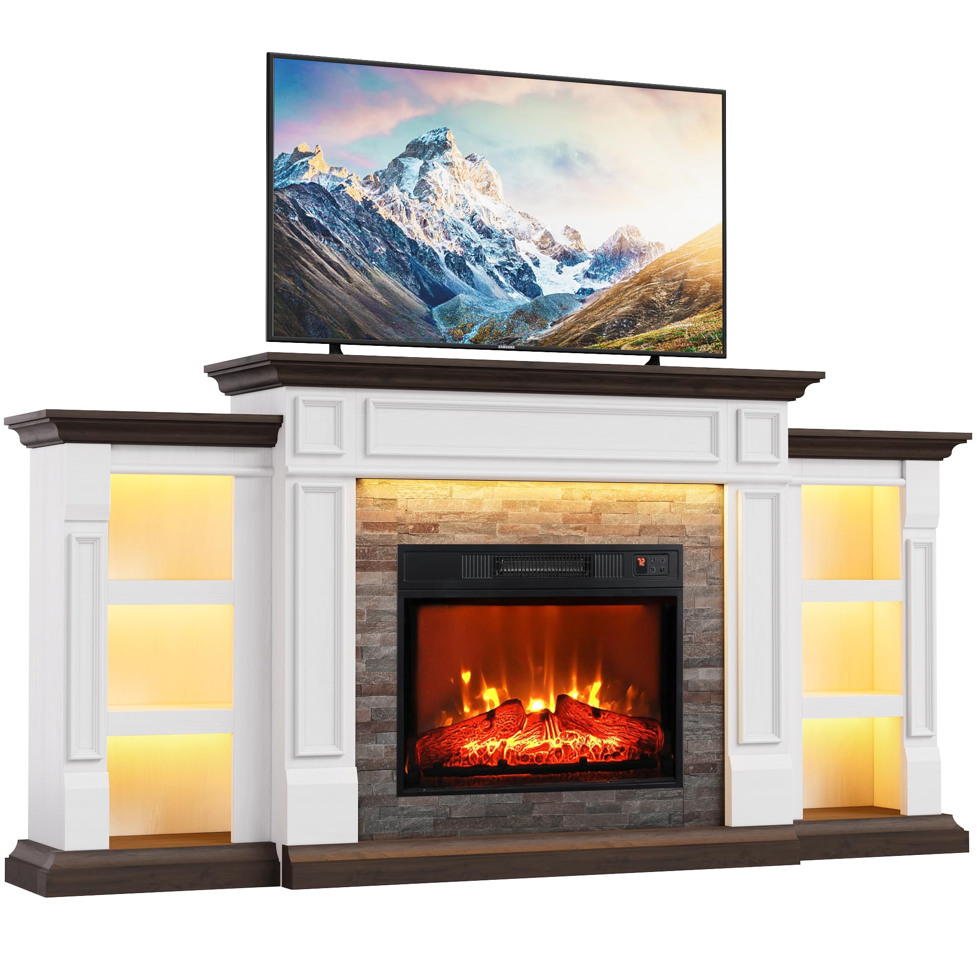44" Electric Fireplace Mantel, LED Farmhouse TV Stand with Electric Fireplace Heater, Stacked Stone Surround and Remote Control 3D Realistic Flame, White Fireplace for Living Room Bedroom
