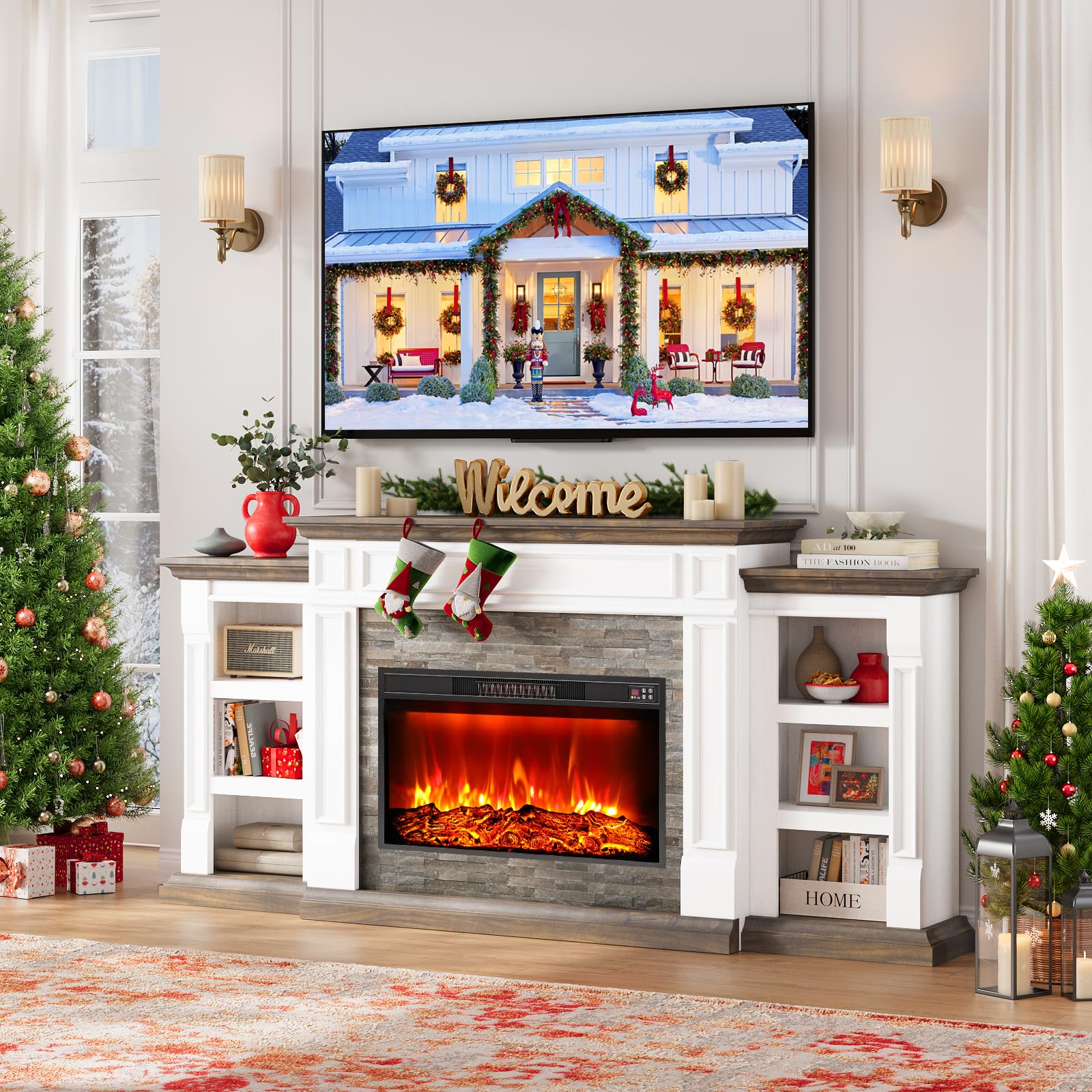 Naice 72" Electric Fireplace with Mantel and Cabinets
