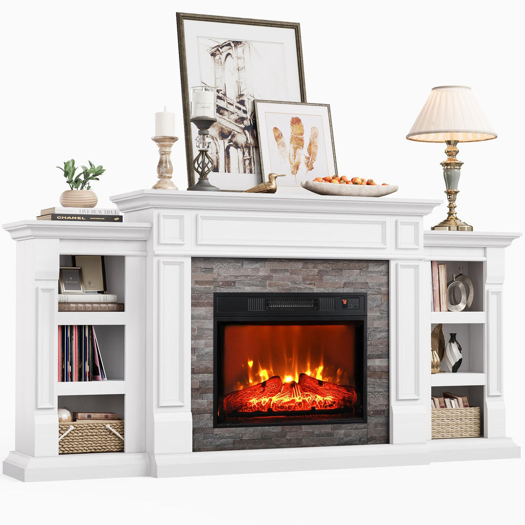 Naice 72" Electric Fireplace with Mantel and Cabinets, Fireplace TV Stand for Living Room Bedroom, Stacked Stone Surround and Remote Control 3D Realistic Flame