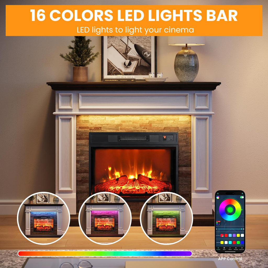 44" Electric Fireplace Mantel, LED Farmhouse TV Stand with Electric Fireplace Heater, Stacked Stone Surround and Remote Control 3D Realistic Flame, White Fireplace for Living Room Bedroom