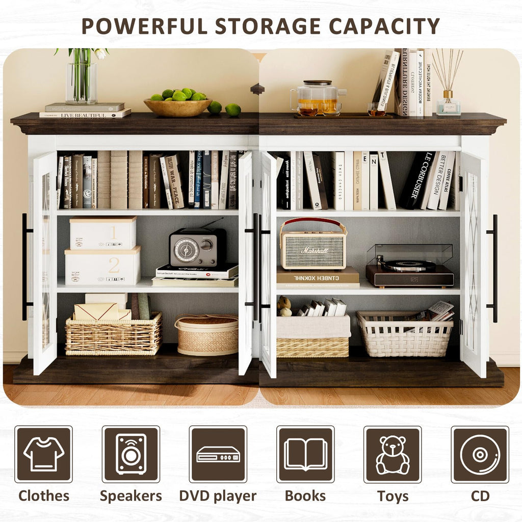 Naice Large Buffet Cabinet with Storage, 60" Sideboard Cabinets with 4 Tempered Glass Doors, Modern Farmhouse Coffee Bar Cabinet, Kitchen Buffet Table with Adjustable Shelf for Living Dining Room