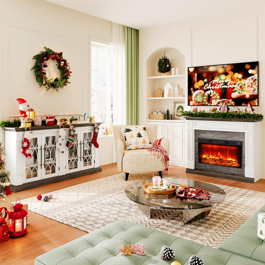 Naice Large Buffet Cabinet with Storage, 60" Sideboard Cabinets with 4 Tempered Glass Doors, Modern Farmhouse Coffee Bar Cabinet, Kitchen Buffet Table with Adjustable Shelf for Living Dining Room