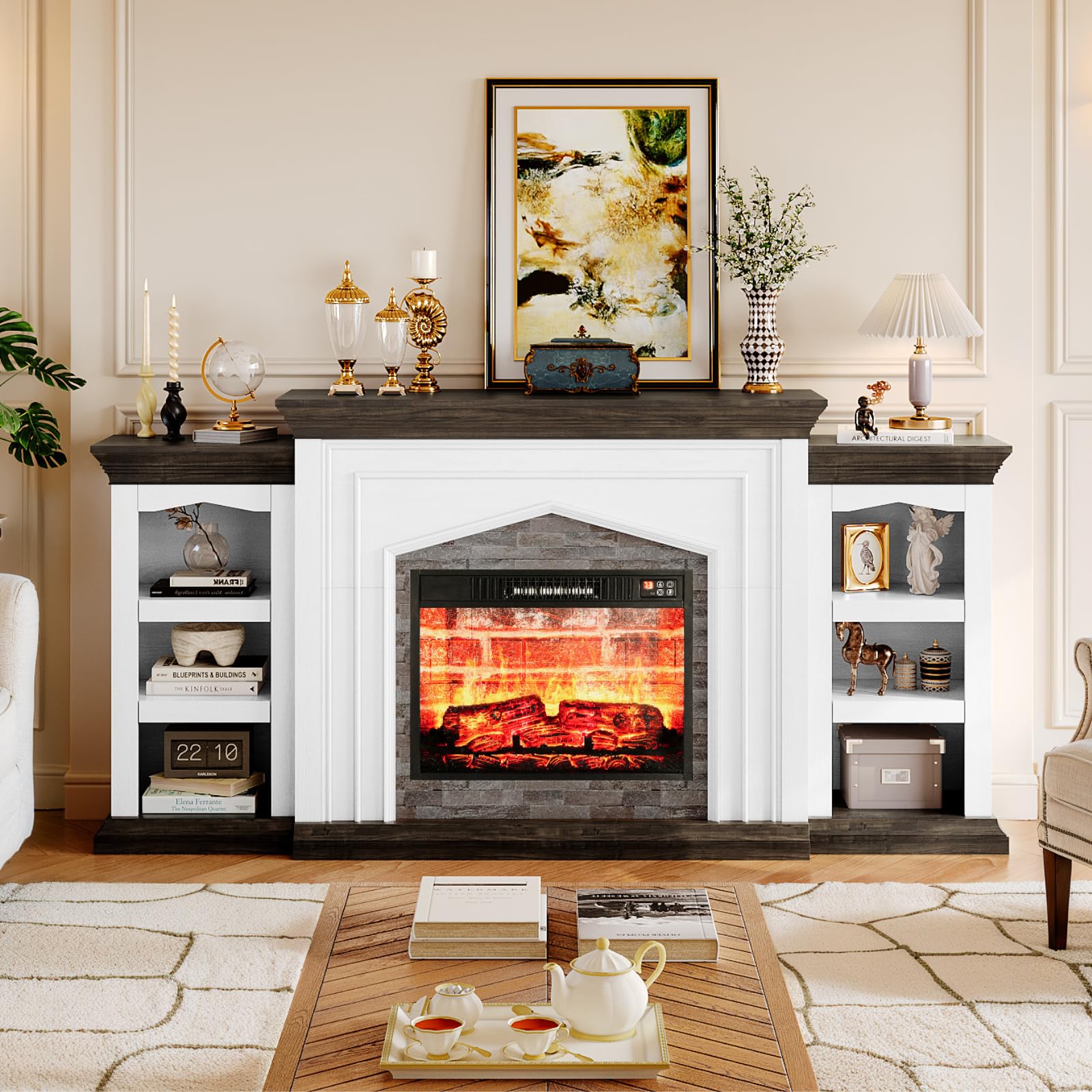 Naice 72" Electric Fireplace with Mantel, Freestanding Fireplace TV Stand with 23" 3-Side Glass Insert Heater for TVs Up to 80",Media Entertainment Center w/Storage Cabinet for Living Room,Black