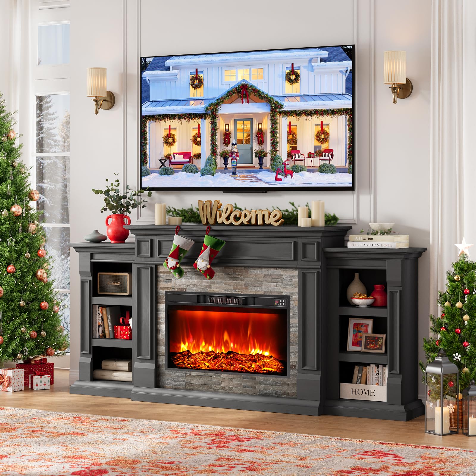 Naice 72" Electric Fireplace with Mantel and Cabinets