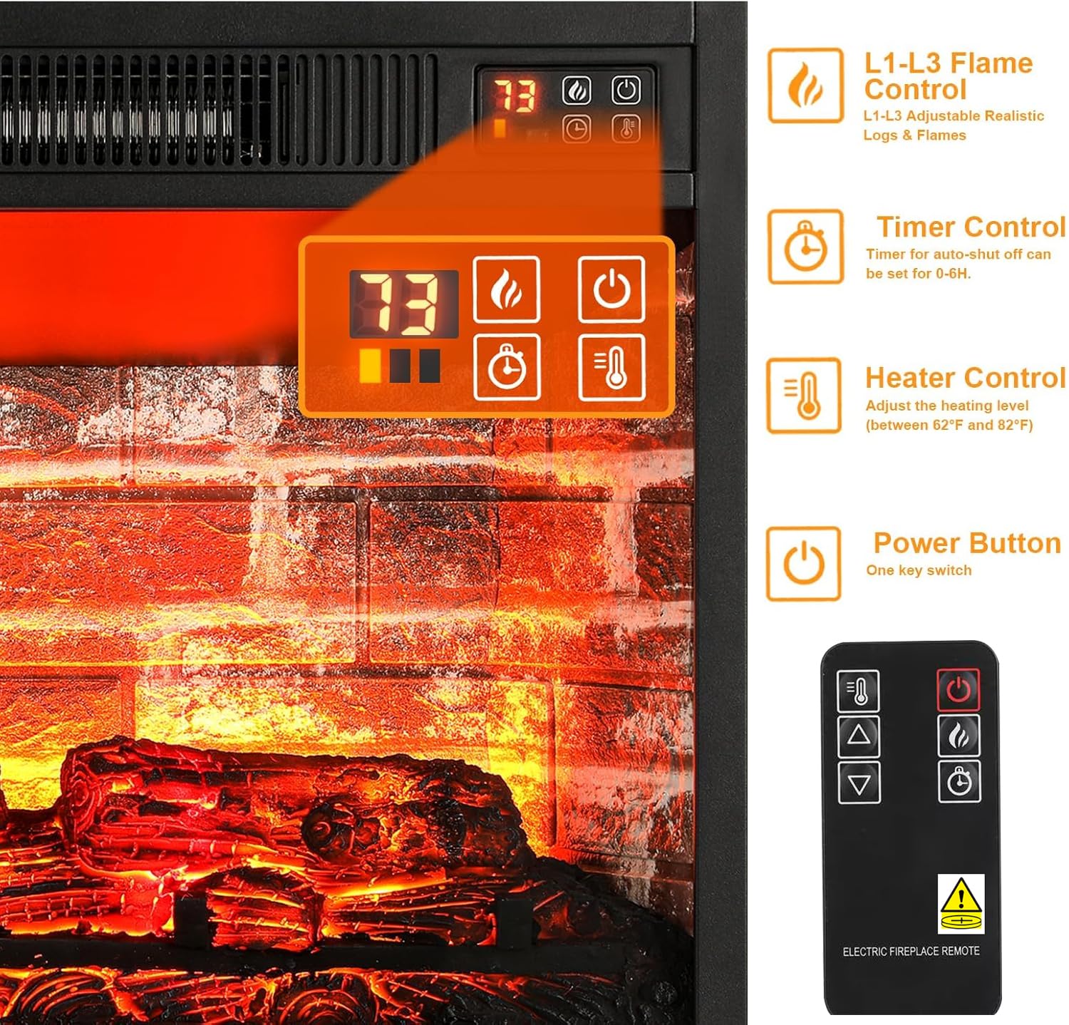 Naice 72" Electric Fireplace with Mantel and Cabinets, Fireplace TV Stand for Living Room Bedroom, Stacked Stone Surround and Remote Control 3D Realistic Flame, Black