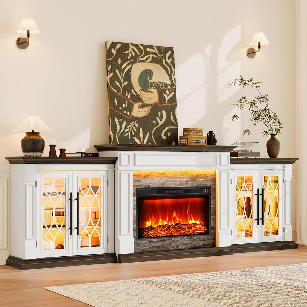 44" Electric Fireplace Mantel, LED Farmhouse TV Stand with Electric Fireplace Heater, Stacked Stone Surround and Remote Control 3D Realistic Flame, White Fireplace for Living Room Bedroom