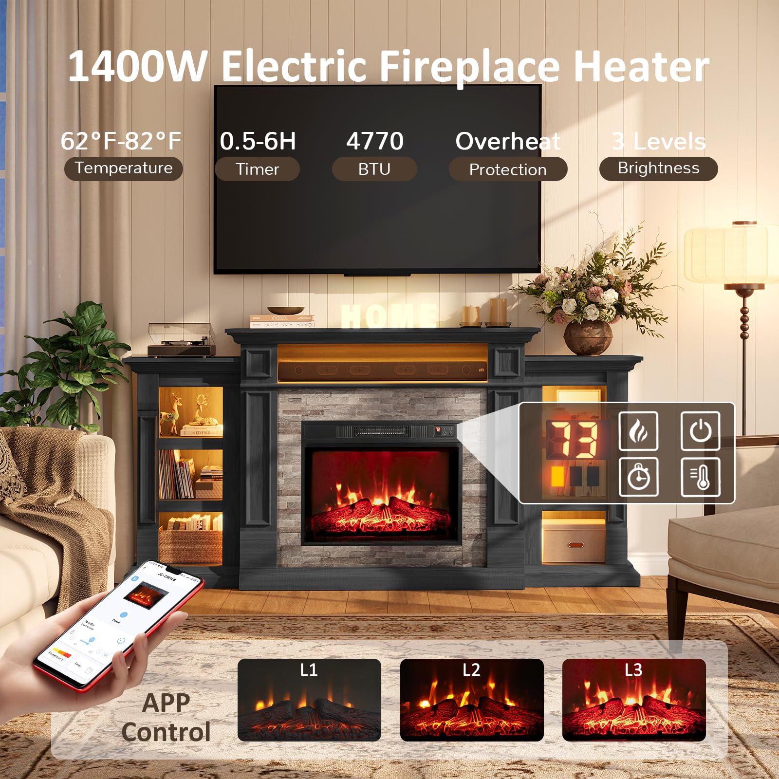 Naice 72" Electric Fireplace with Mantel and Cabinets