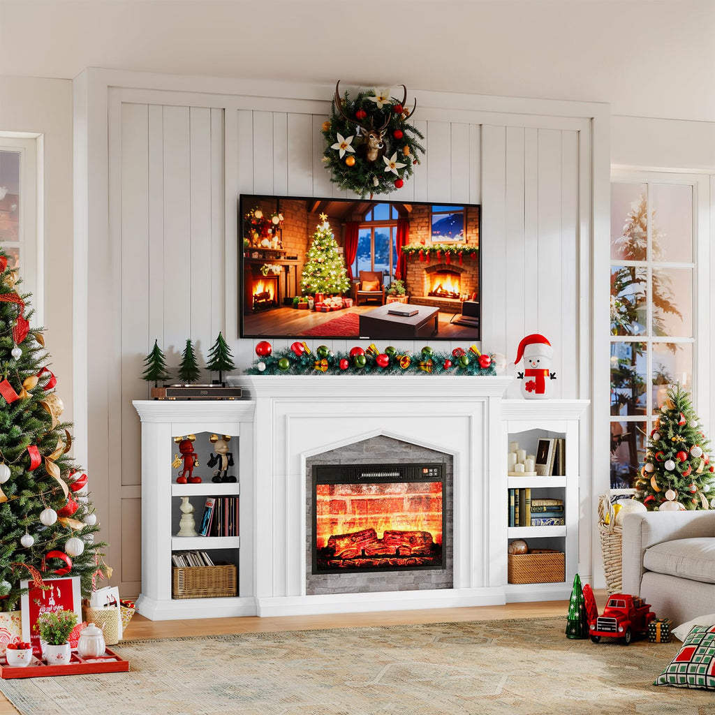 Naice 72" Electric Fireplace with Mantel, Freestanding Fireplace TV Stand with 23" 3-Side Glass Insert Heater for TVs Up to 80",Media Entertainment Center w/Storage Cabinet for Living Room,Black