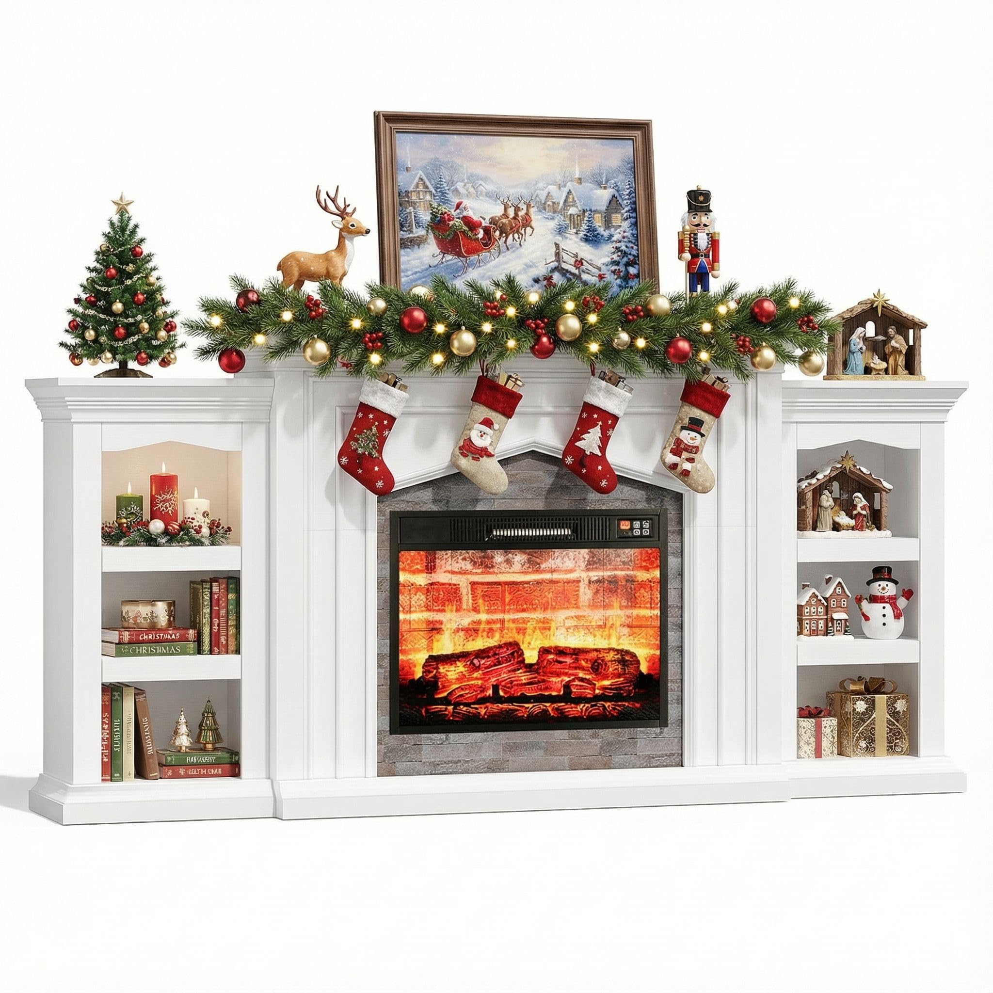 Naice 72" Electric Fireplace with Mantel, Freestanding Fireplace TV Stand with 23" 3-Side Glass Insert Heater for TVs Up to 80",Media Entertainment Center w/Storage Cabinet for Living Room,Black