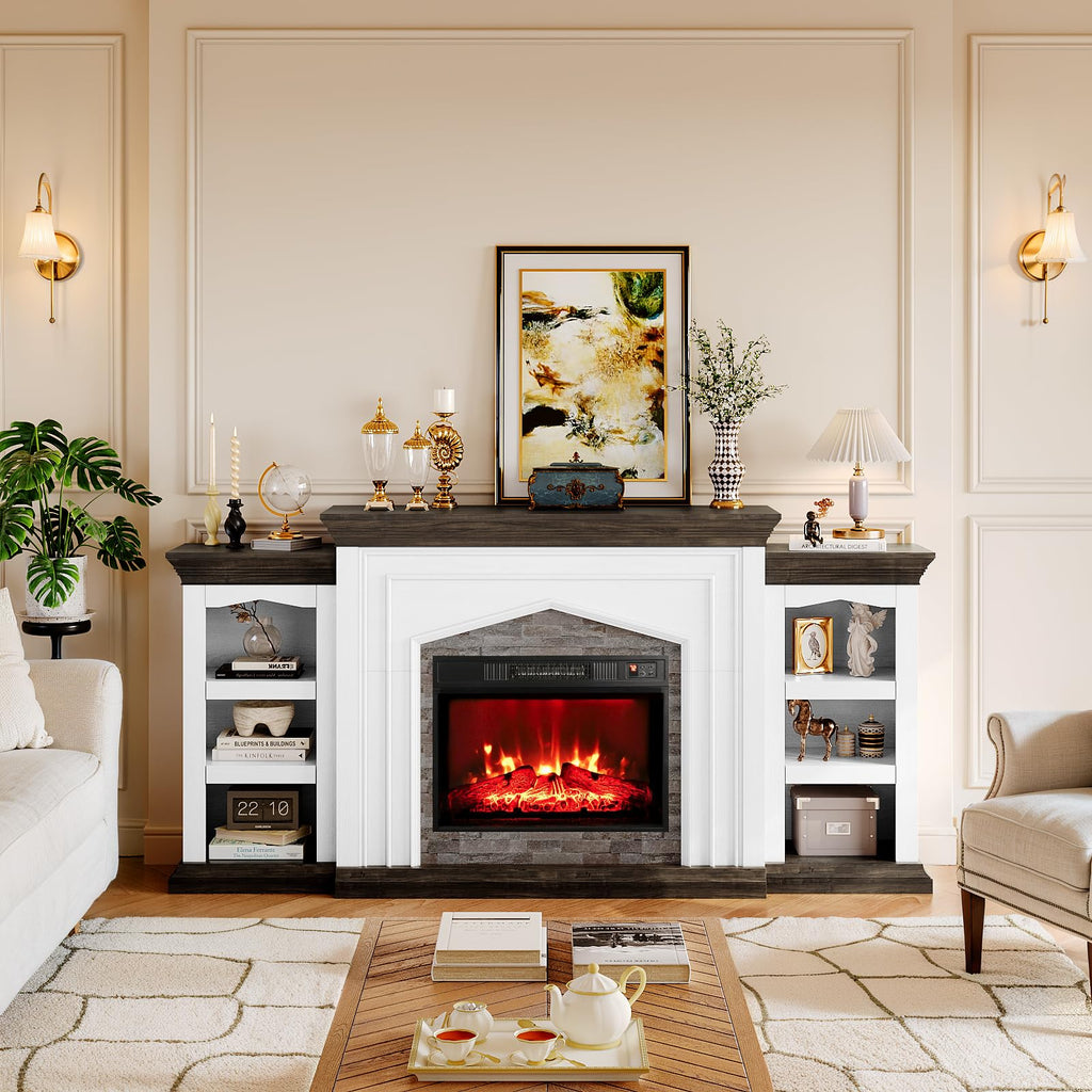 Naice 80" Electric Fireplace with Mantel, Fireplace TV Stand for TVs Up to 90in, Farmhouse Entertainment Center with Storage Cabinets, 23" Insert Heater w/Realistic Flame for Living Room, White