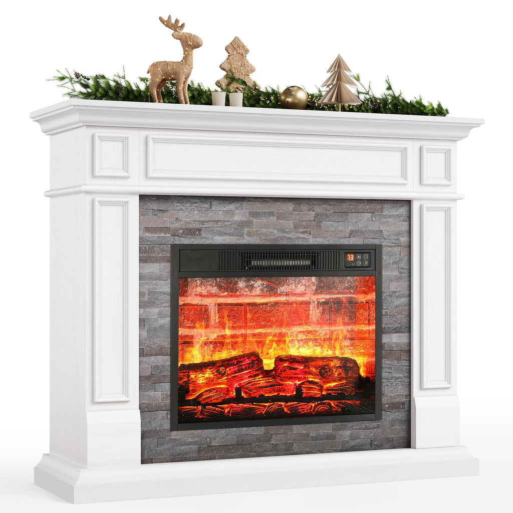 44" Electric Fireplace Mantel, LED Farmhouse TV Stand with Electric Fireplace Heater, Stacked Stone Surround and Remote Control 3D Realistic Flame, White Fireplace for Living Room Bedroom