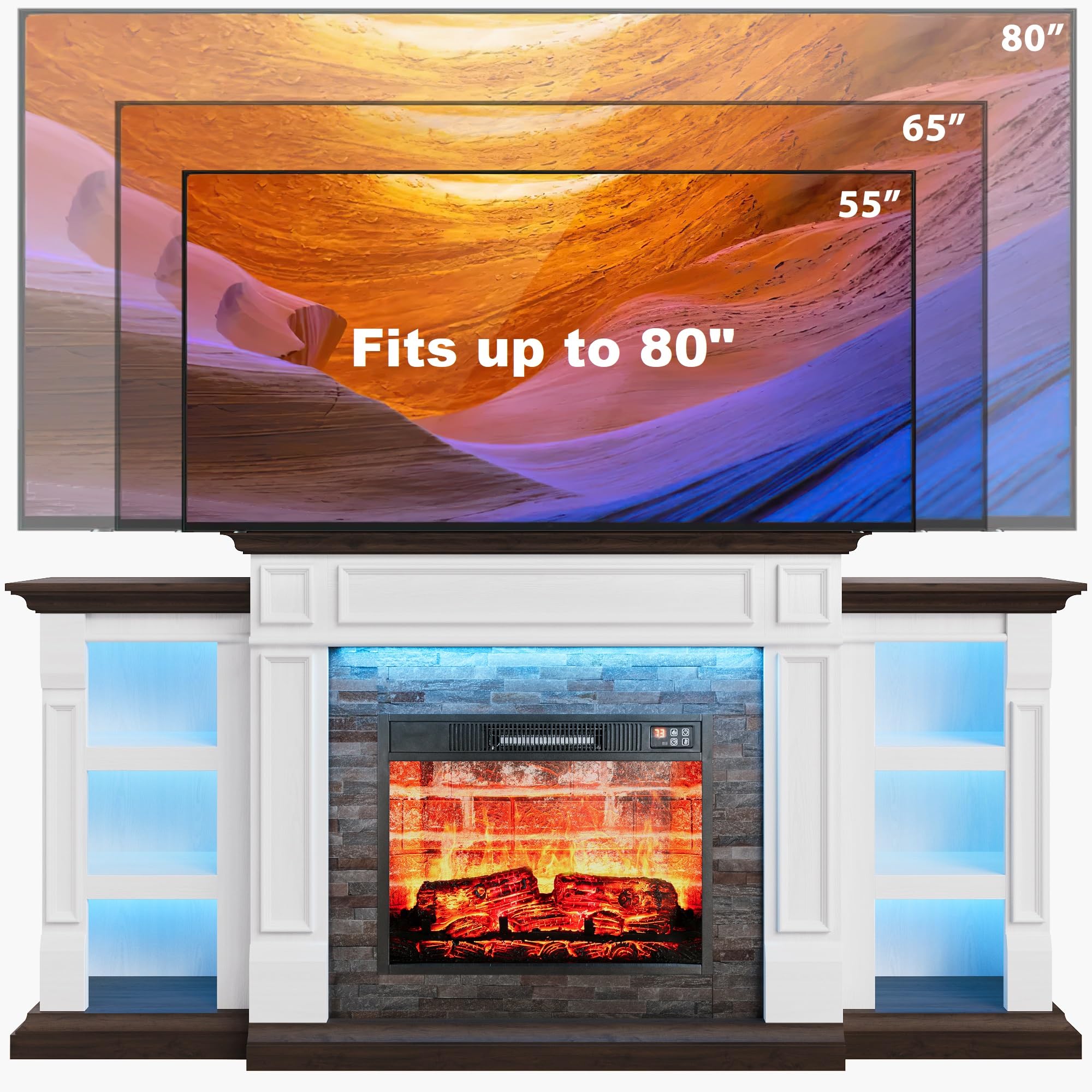Naice 72" Electric Fireplace with Mantel and Cabinets, Fireplace TV Stand for Living Room Bedroom, Stacked Stone Surround and Remote Control 3D Realistic Flame, Black