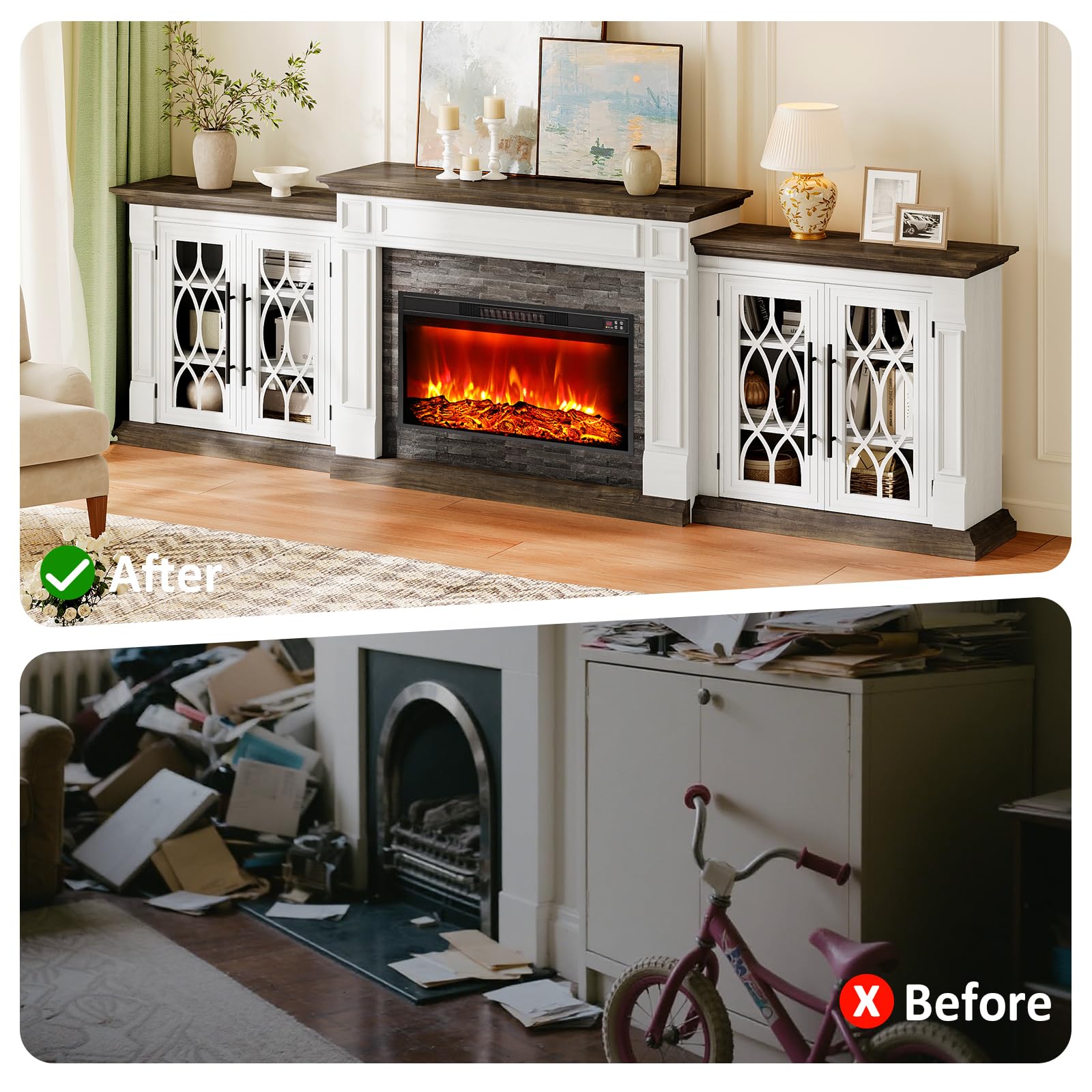 Naice 72" Electric Fireplace with Mantel and Cabinets