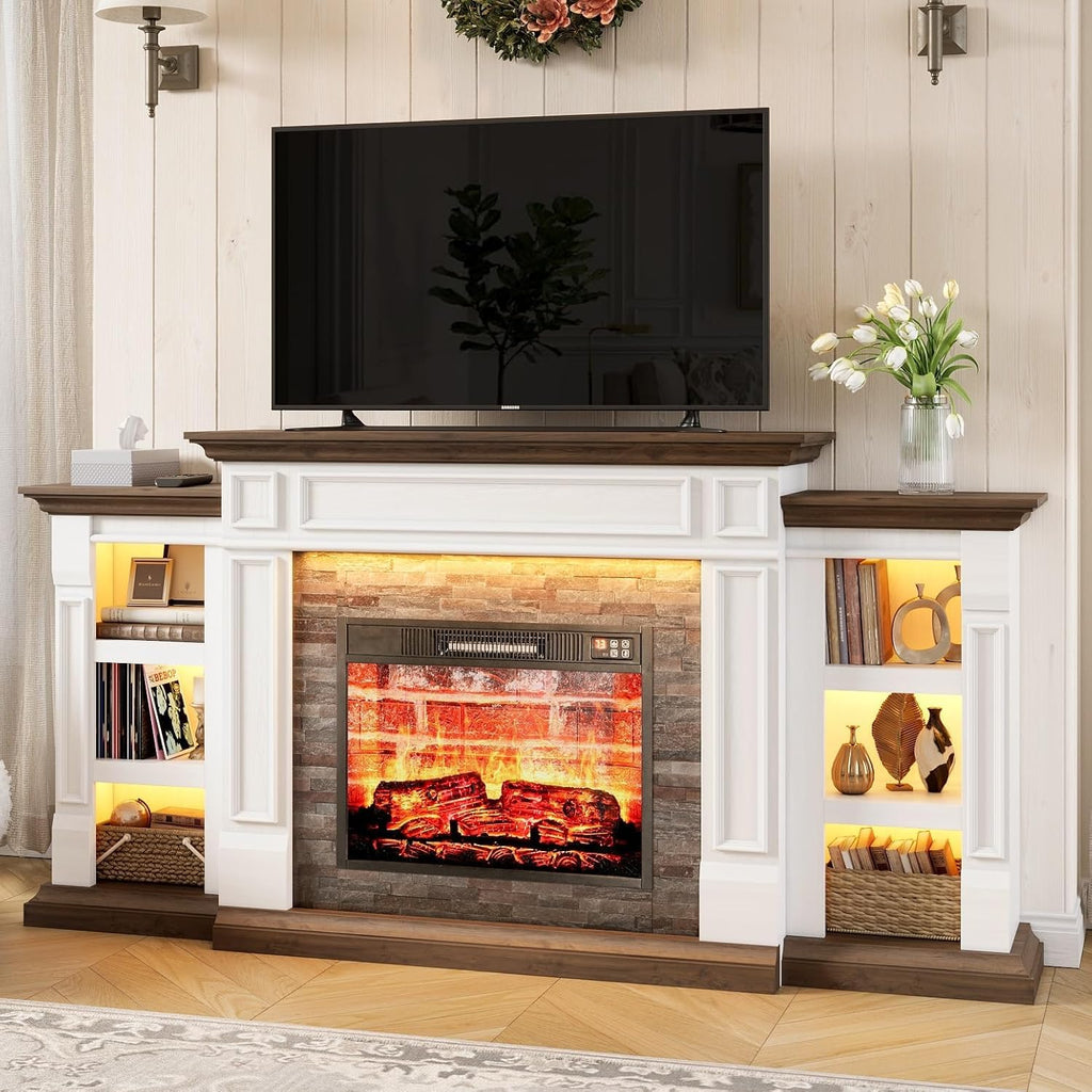 Naice 72" Electric Fireplace with Mantel and Cabinets, Fireplace TV Stand for Living Room Bedroom, Stacked Stone Surround and Remote Control 3D Realistic Flame, Black