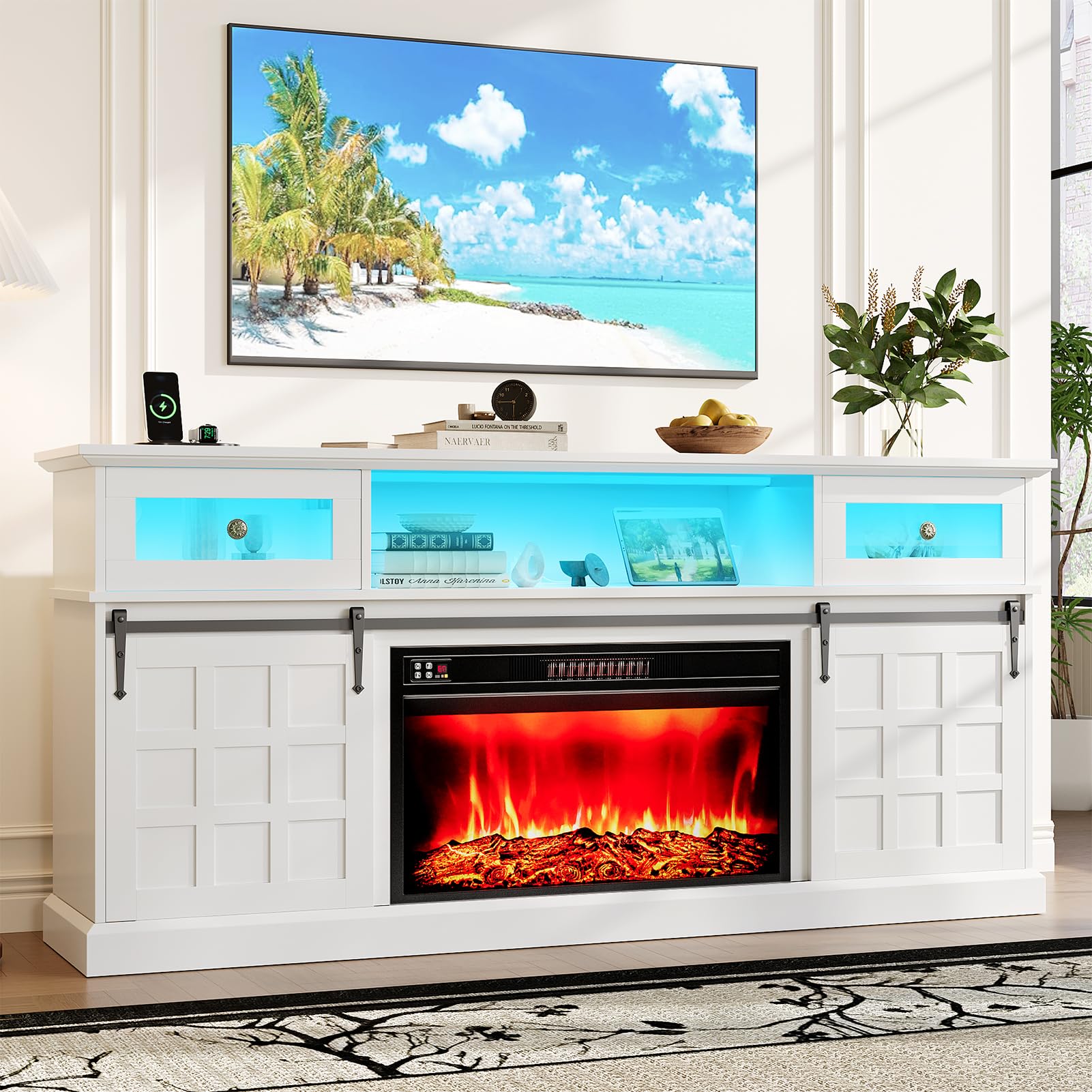 Naice TV Stand for 80 Inch TVs, LED Entertainment Center with Power Outlet, Farmhouse TV Stand w/Drawers & Sliding Barn Door, Media Console with Storage Cabinets for Living Room, White&Brown