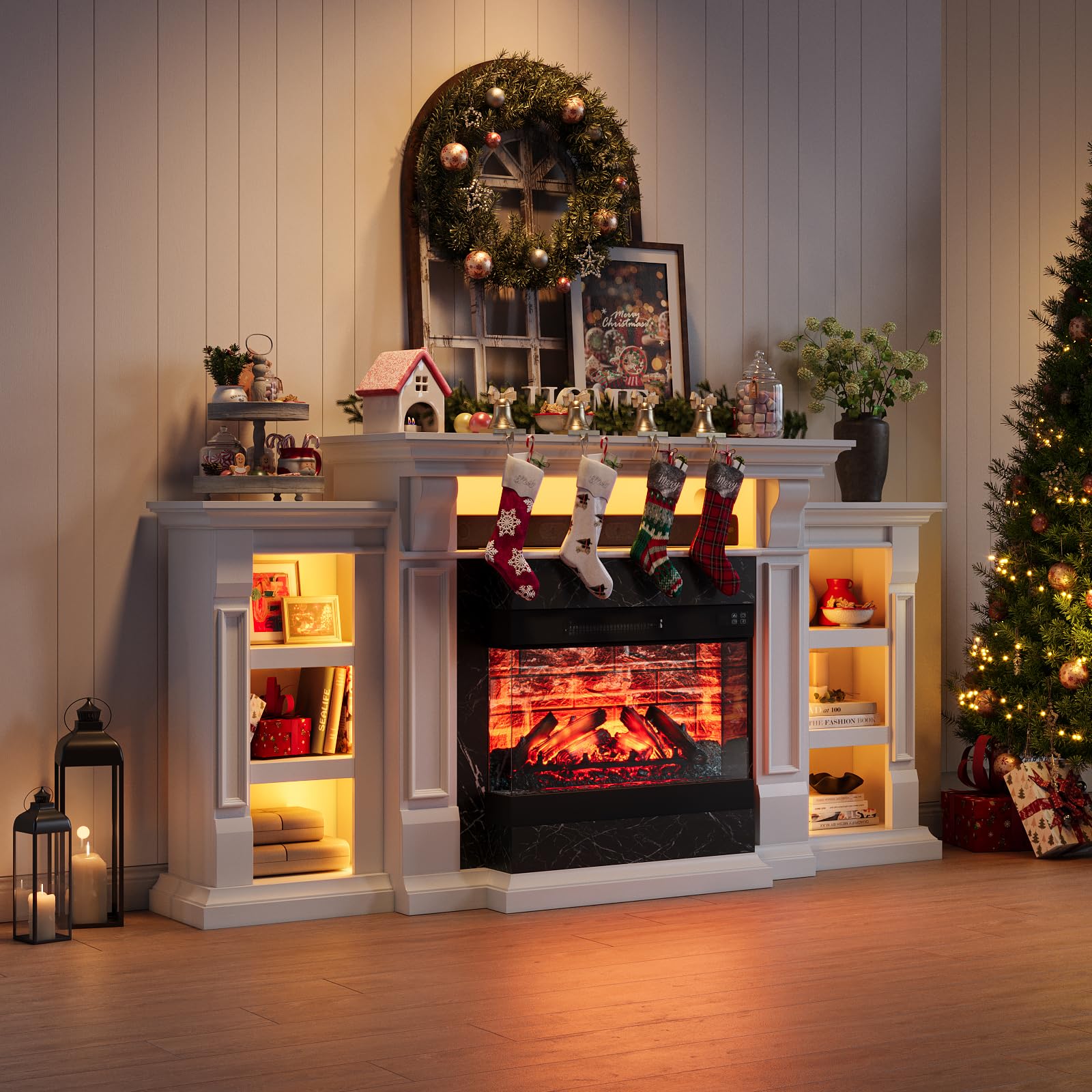 Naice 72" Electric Fireplace with Mantel, Freestanding Fireplace TV Stand with 23" 3-Side Glass Insert Heater for TVs Up to 80",Media Entertainment Center w/Storage Cabinet for Living Room,Black