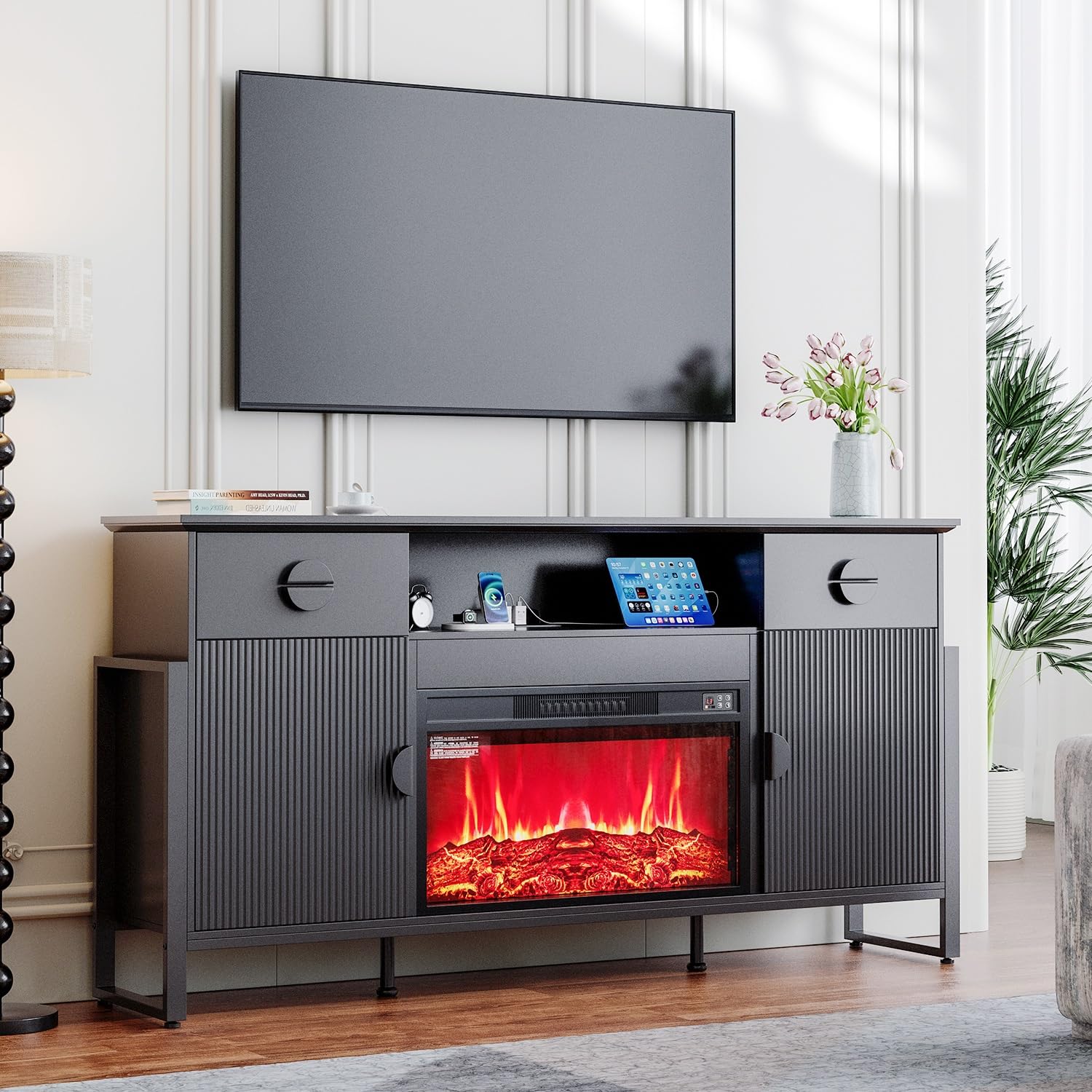 Naice TV Stand for 80 Inch TVs, LED Entertainment Center with Power Outlet, Farmhouse TV Stand w/Drawers & Sliding Barn Door, Media Console with Storage Cabinets for Living Room, White&Brown