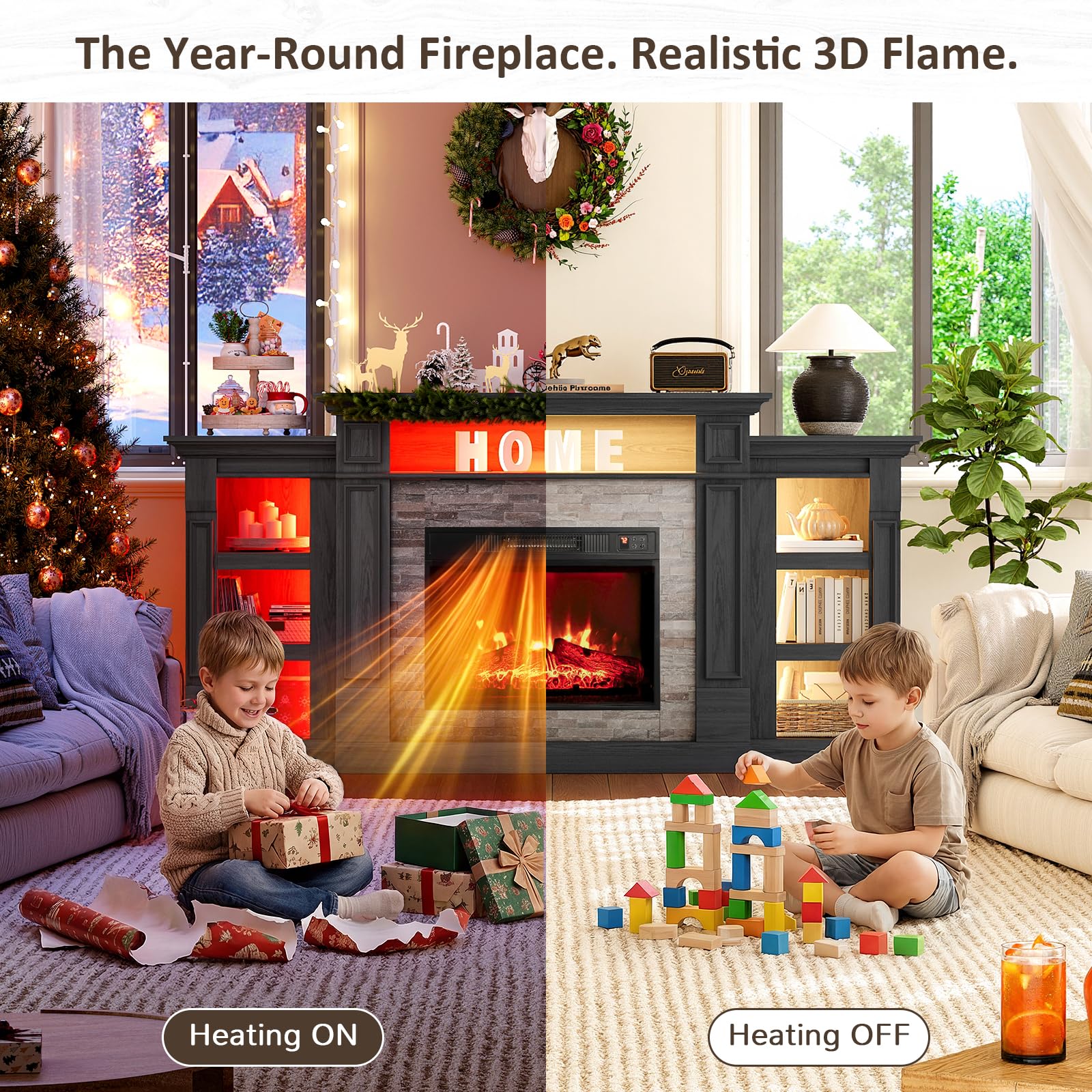 Naice 72" Electric Fireplace with Mantel and Cabinets