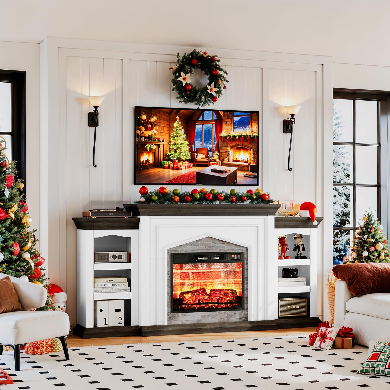 Naice 72" Electric Fireplace with Mantel, Freestanding Fireplace TV Stand with 23" 3-Side Glass Insert Heater for TVs Up to 80",Media Entertainment Center w/Storage Cabinet for Living Room,Black