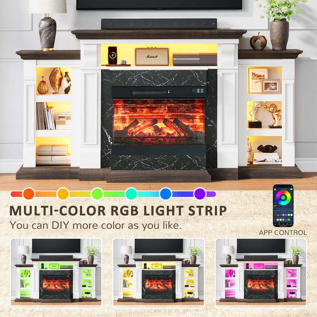 44" Electric Fireplace Mantel, LED Farmhouse TV Stand with Electric Fireplace Heater, Stacked Stone Surround and Remote Control 3D Realistic Flame, White Fireplace for Living Room Bedroom