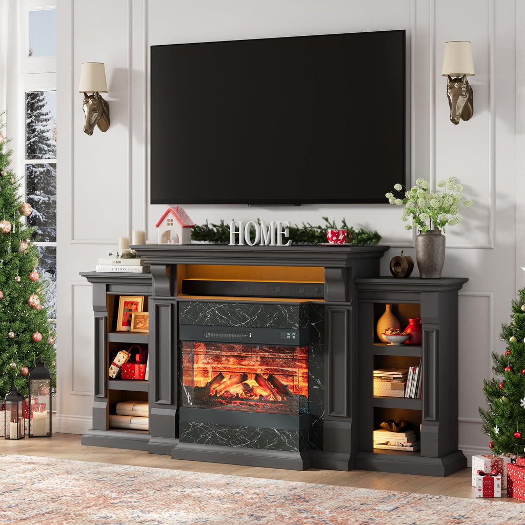 Naice 72" Electric Fireplace with Mantel, Freestanding Fireplace TV Stand with 23" 3-Side Glass Insert Heater for TVs Up to 80",Media Entertainment Center w/Storage Cabinet for Living Room,Black